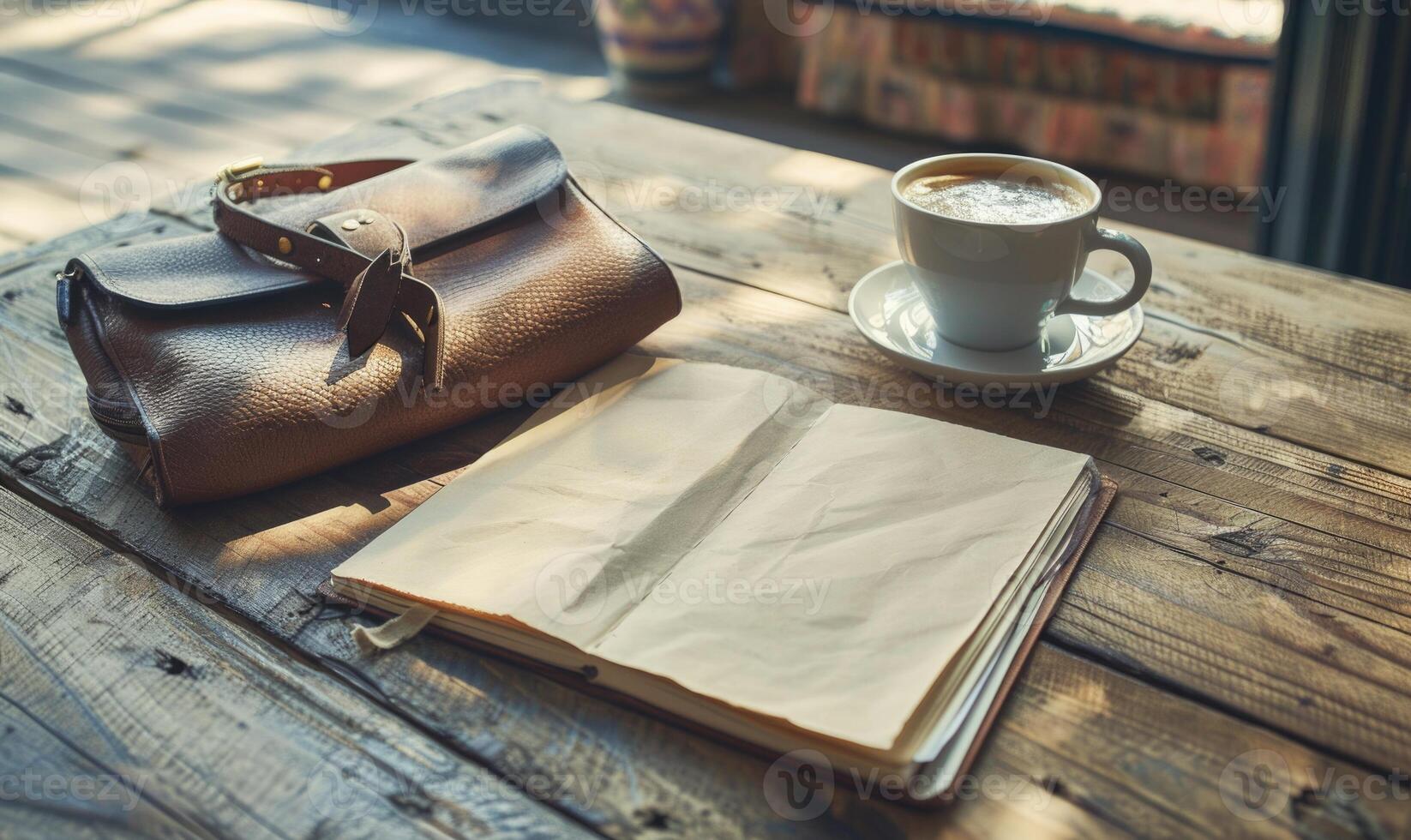 Notebook on a wooden table with a cup of tea and a handbag photo