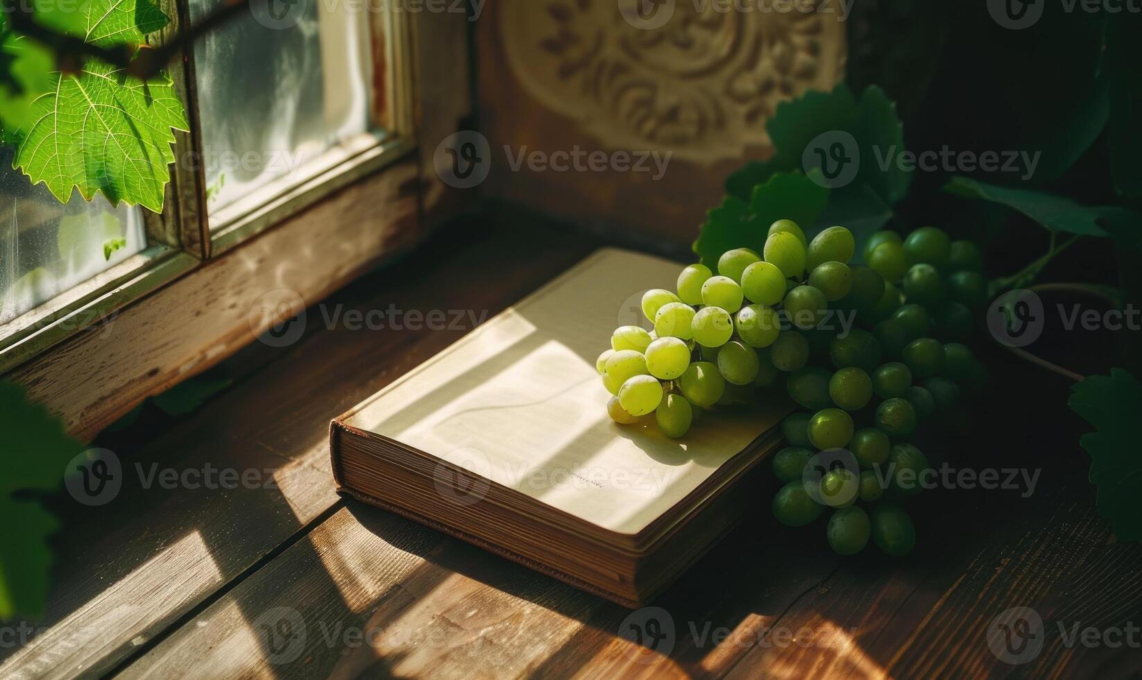 Notebook on a wooden table with a bunch of grapes photo