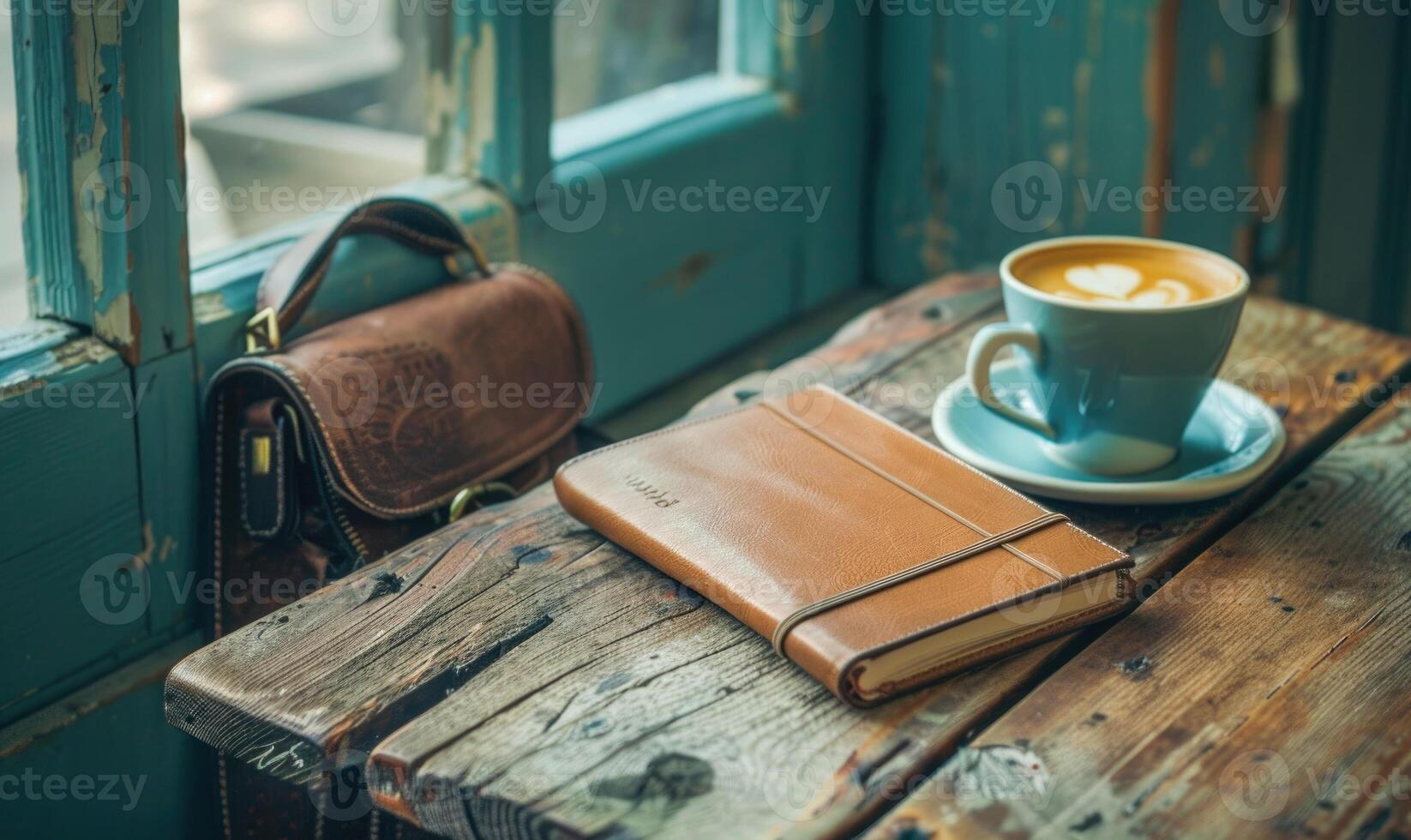 Notebook on a wooden table with a cup of tea and a handbag photo