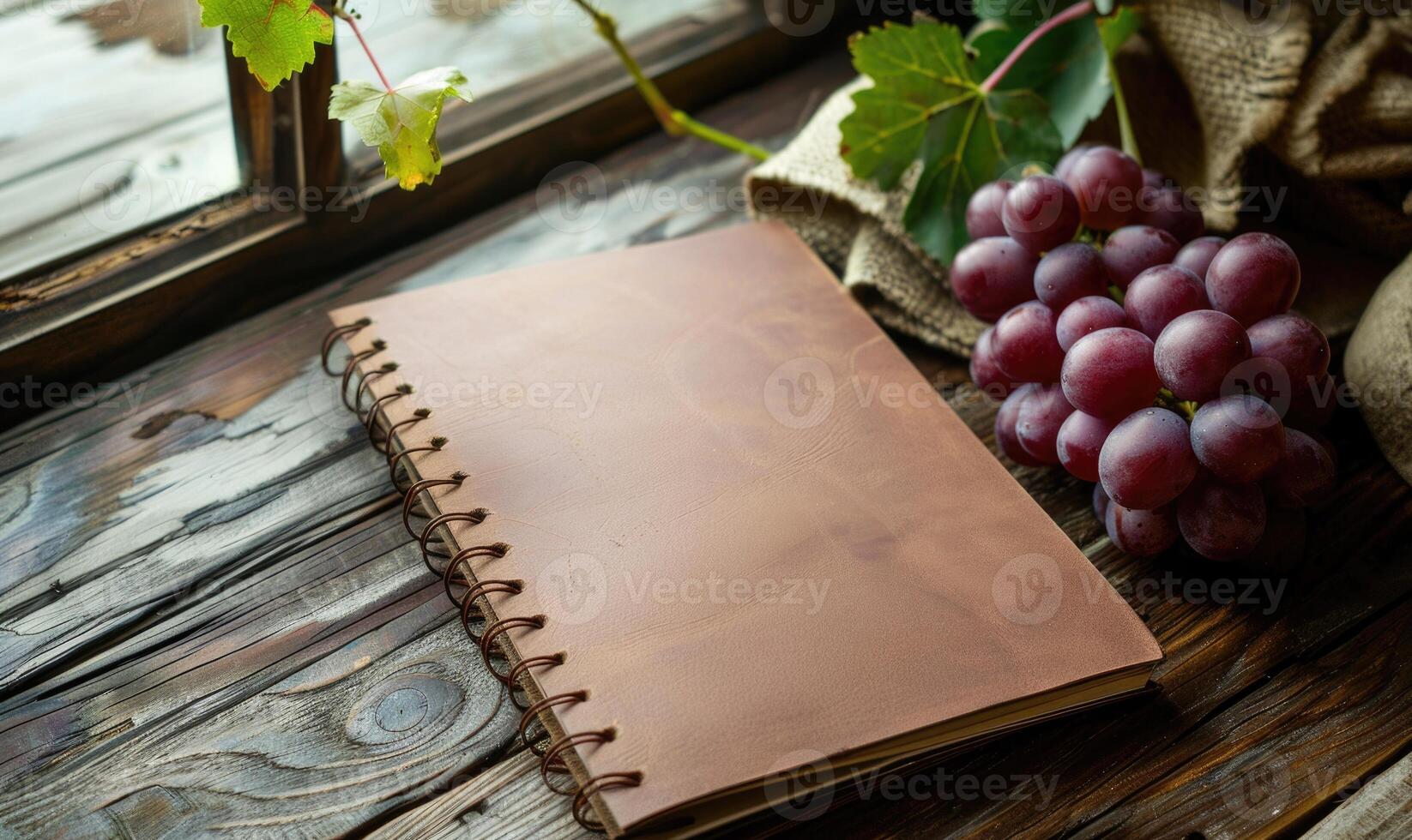 Notebook on a wooden table with a bunch of grapes photo