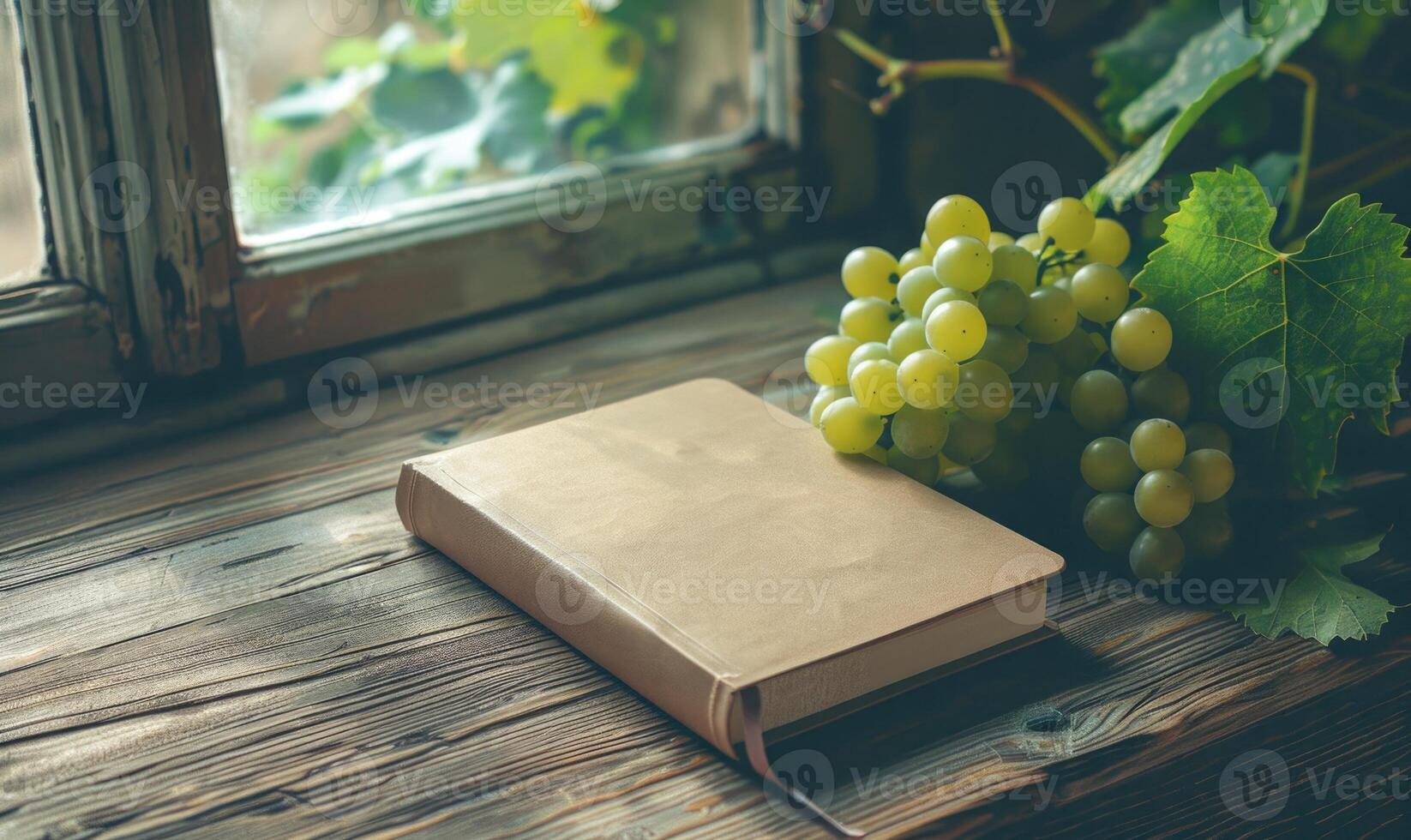 Notebook on a wooden table with a bunch of grapes photo