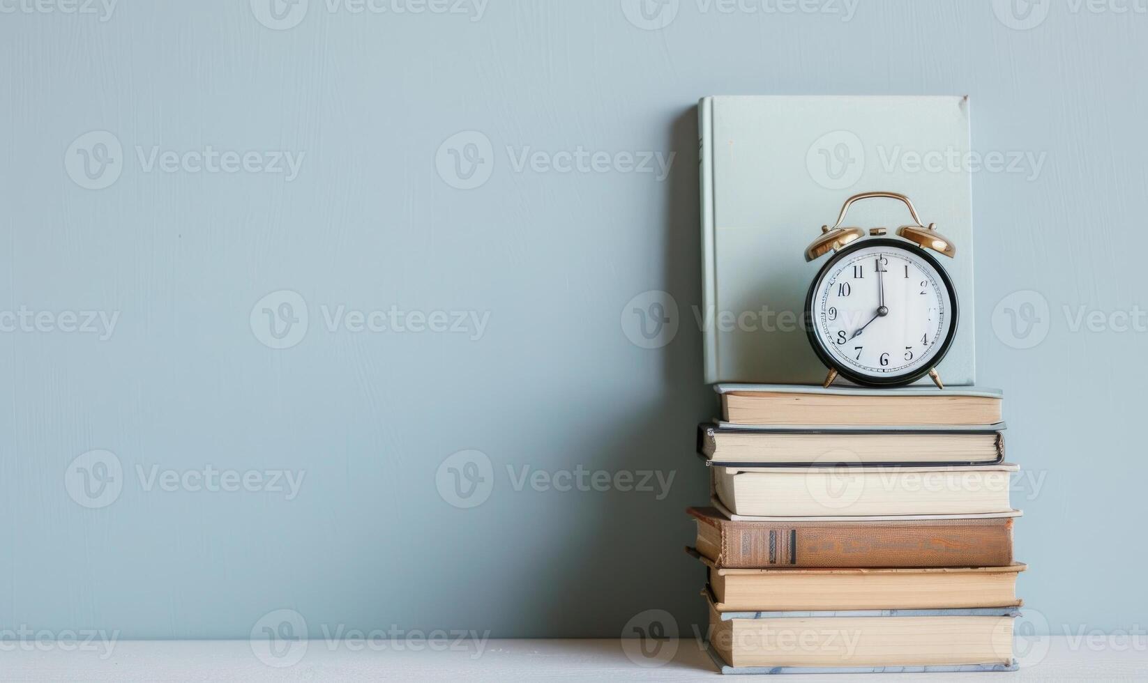 Stack of books on a light gray table with a pastel ivory background photo