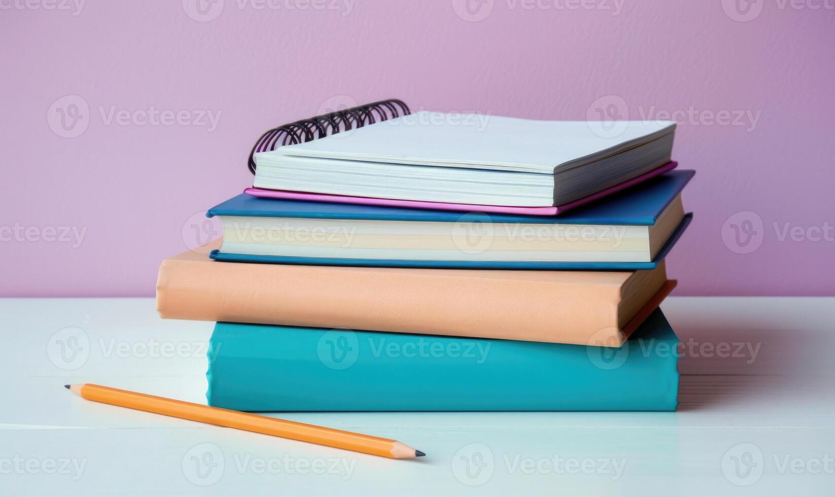 Stack of books on a white desk with a pastel lavender background photo