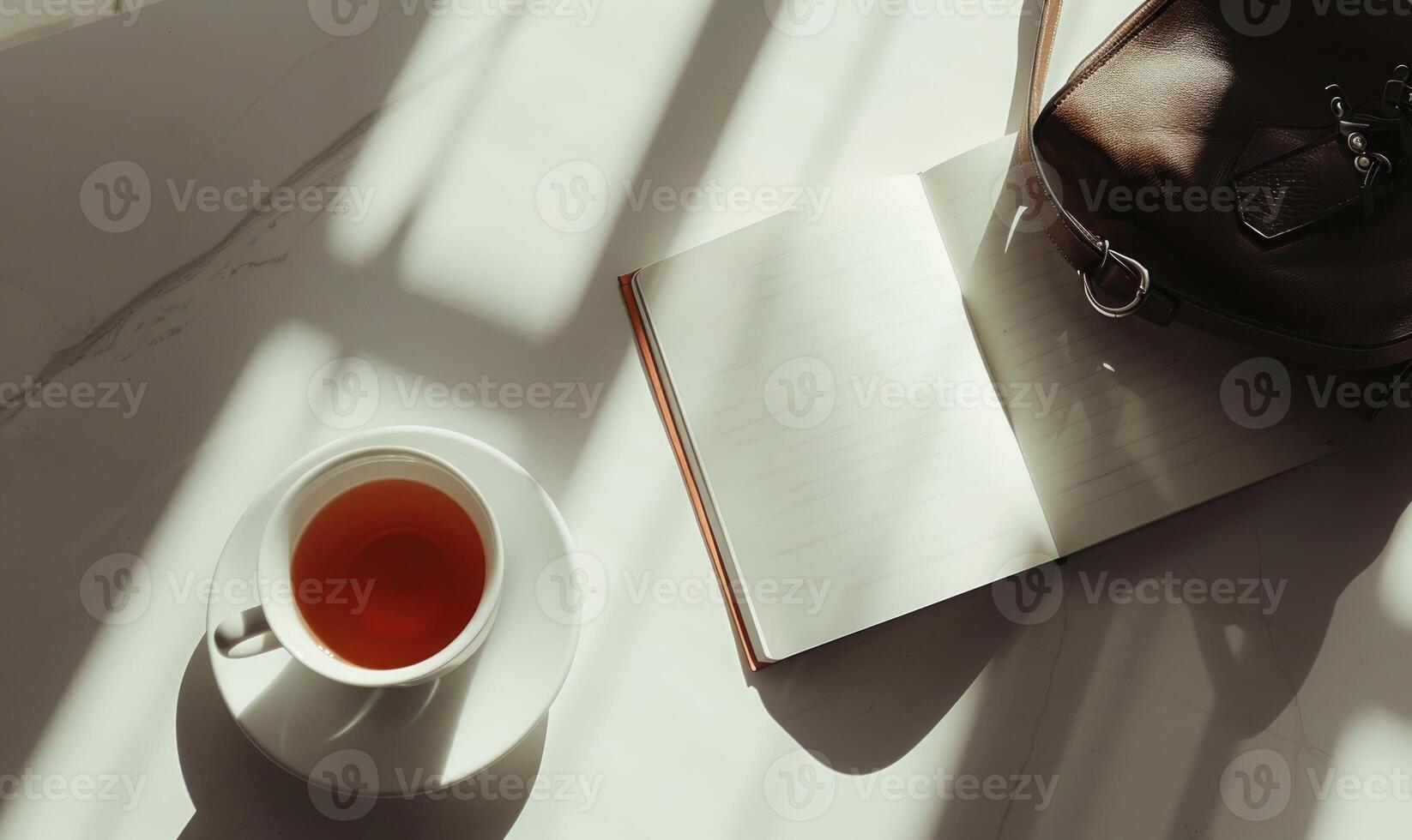 Closed notebook on a white table with a cup of coffee and a handbag photo
