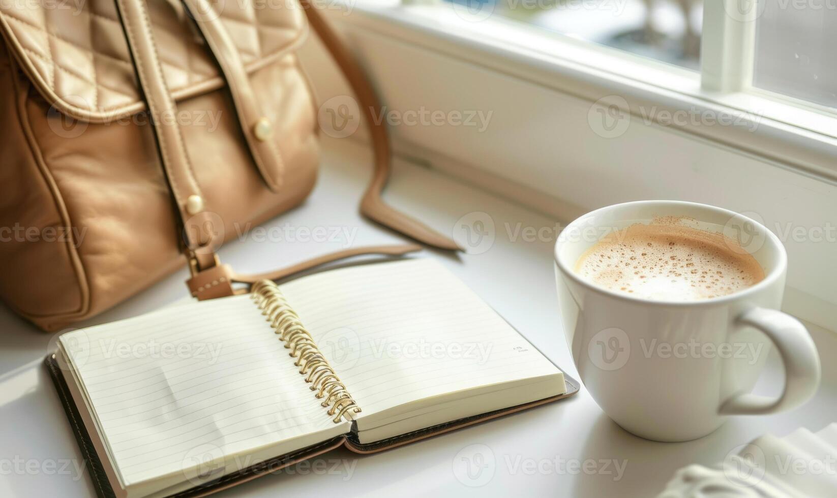 Closed notebook on a white table with a cup of coffee and a handbag photo