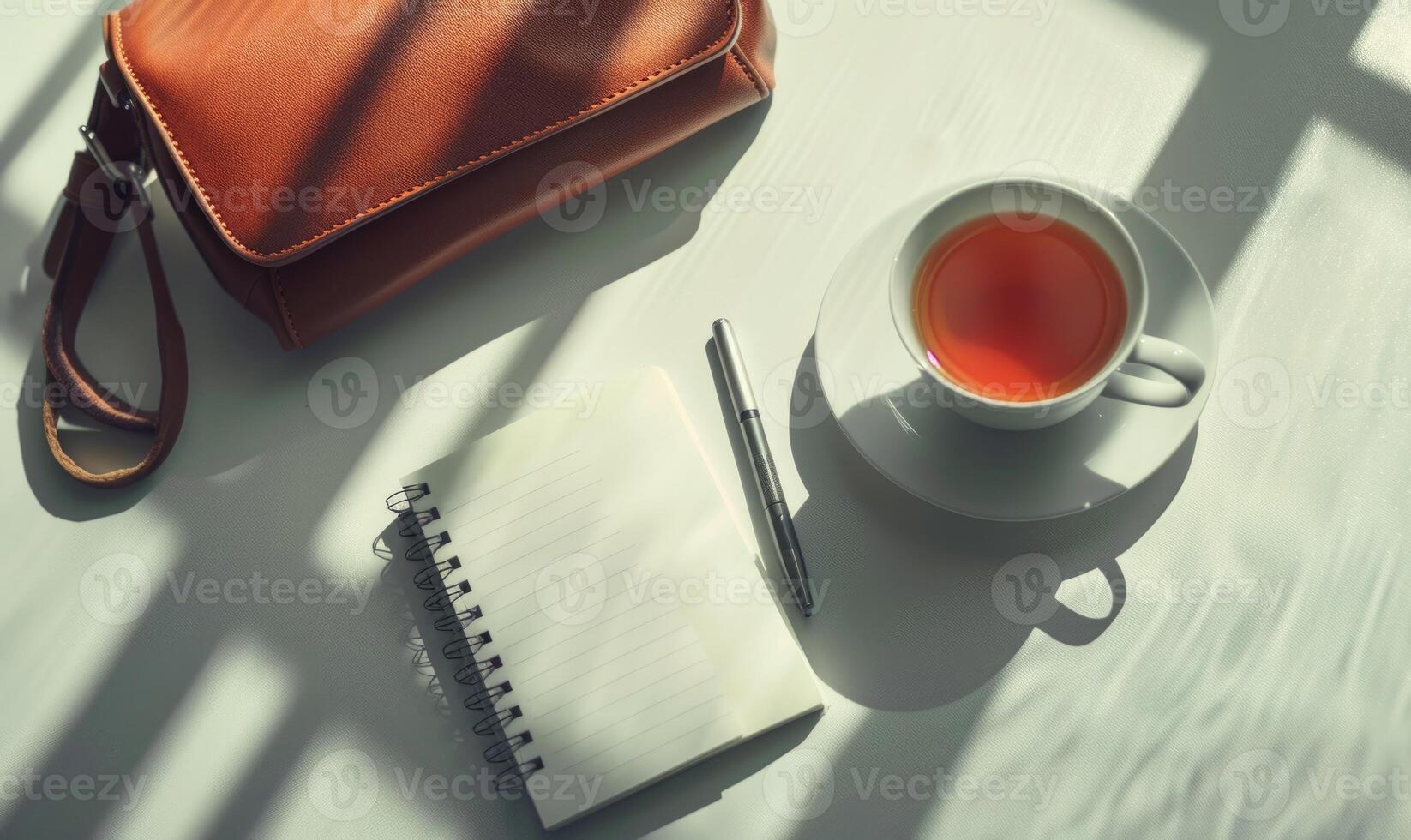 Closed notebook on a white table with a cup of coffee and a handbag photo