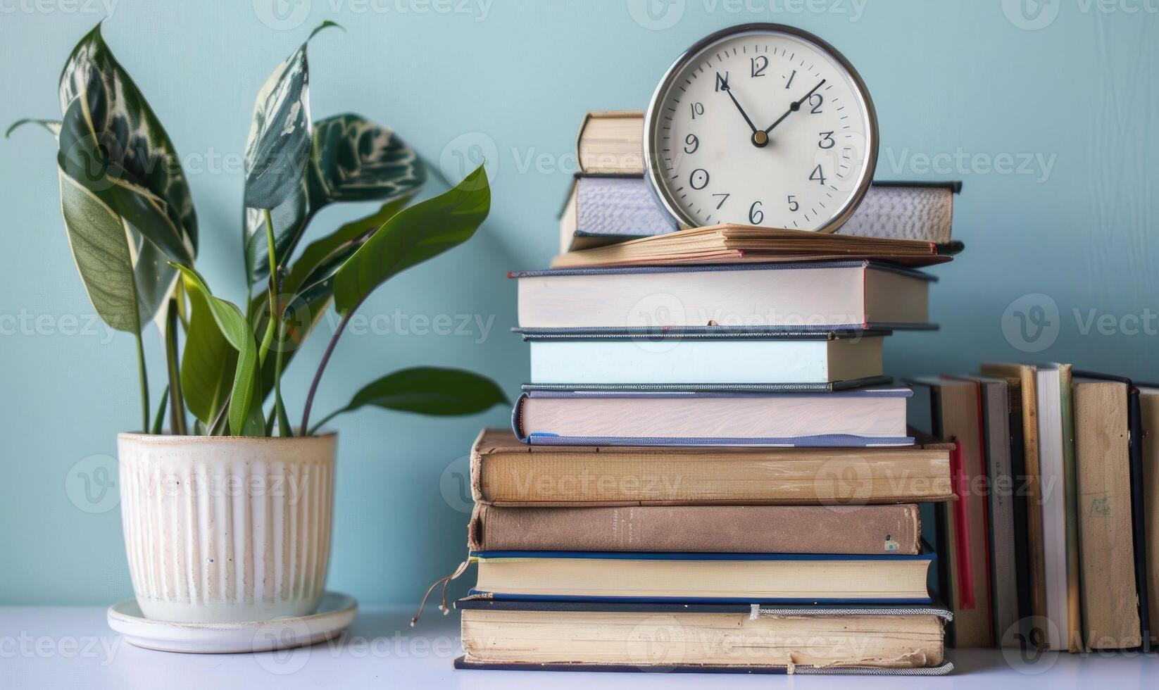 Stack of books on a light gray table with a pastel ivory background photo