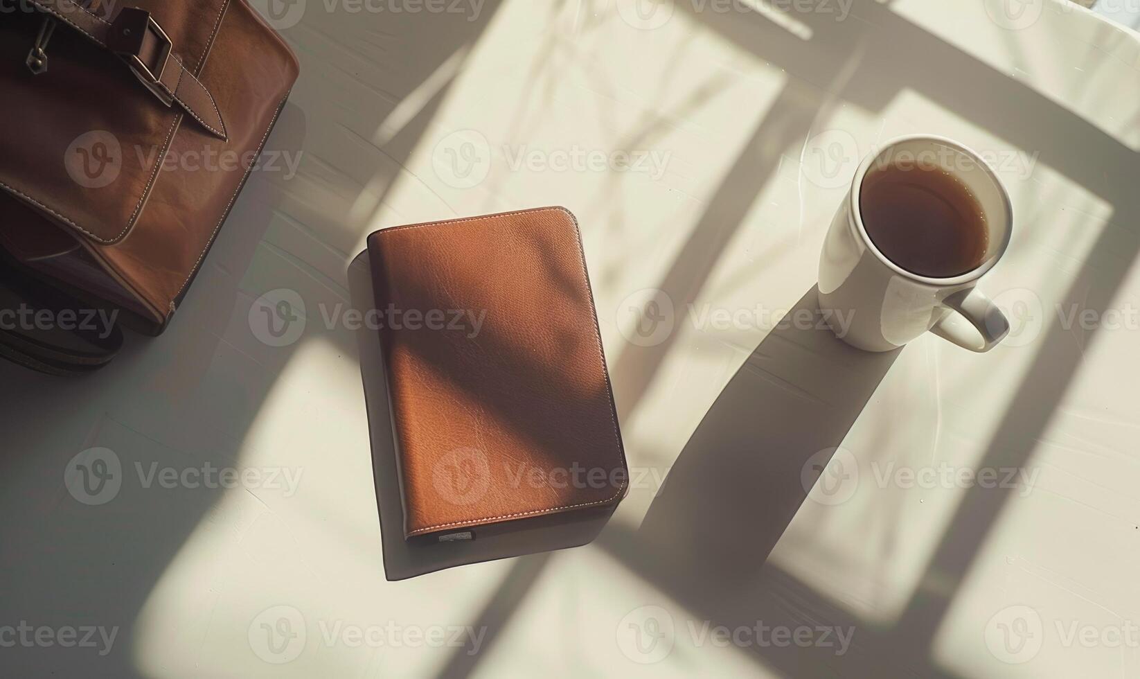 Closed notebook on a white table with a cup of coffee and a handbag photo