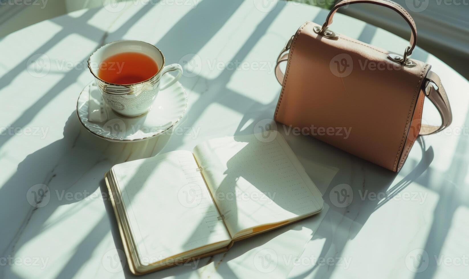 Closed notebook on a white table with a cup of coffee and a handbag photo