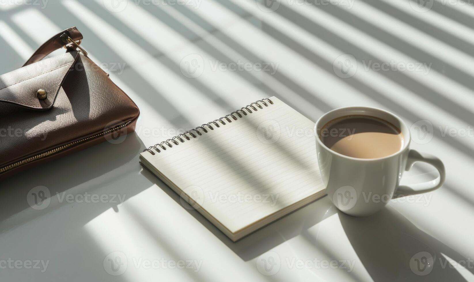 Closed notebook on a white table with a cup of coffee and a handbag photo
