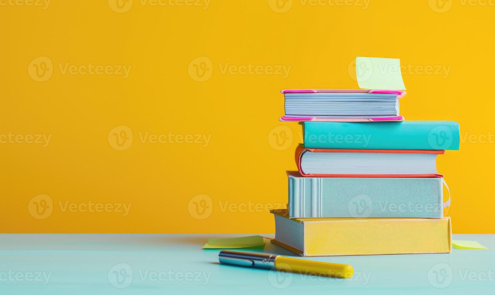 Stack of books on a light gray table with a pastel yellow background photo