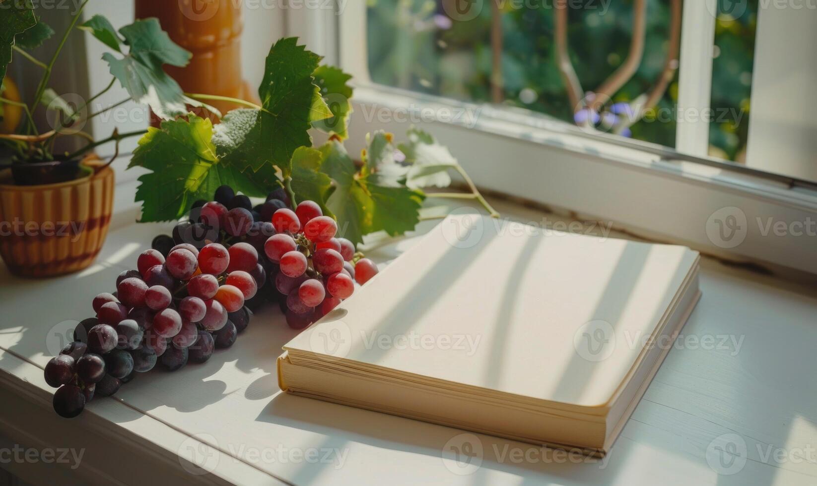 Closed notebook on a white table with a bunch of grapes photo