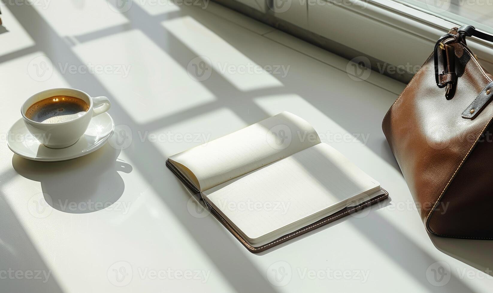 Closed notebook on a white table with a cup of coffee and a handbag photo