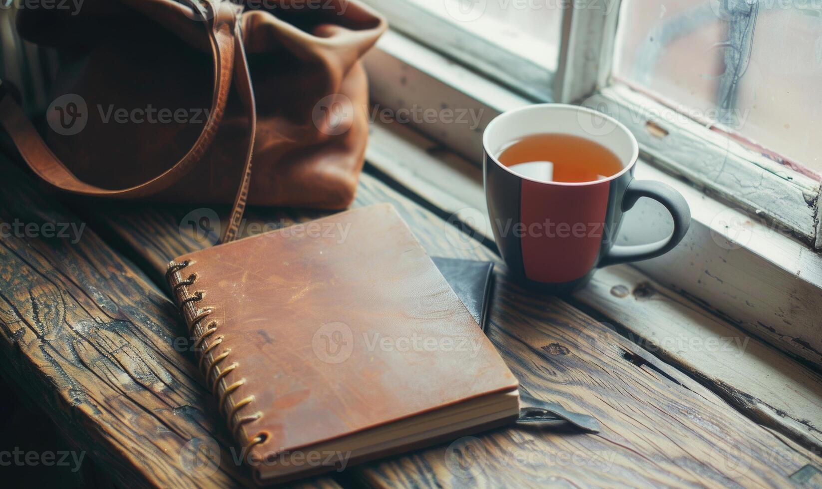 Notebook on a wooden table with a cup of tea and a handbag photo