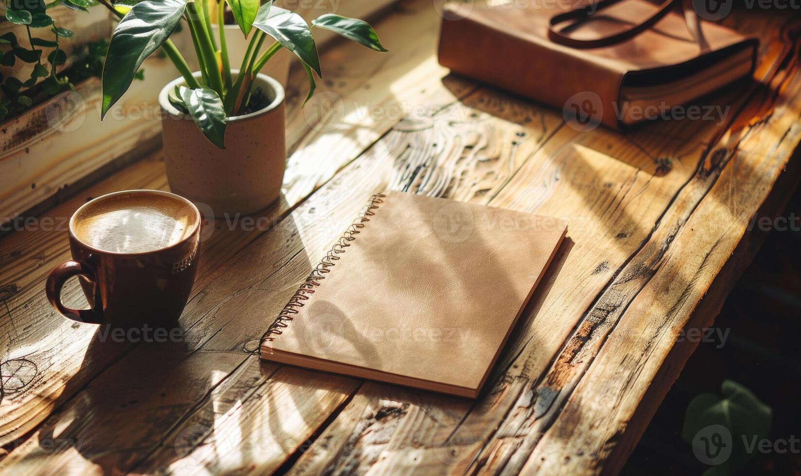 Notebook on a wooden table with a cup of tea and a handbag photo