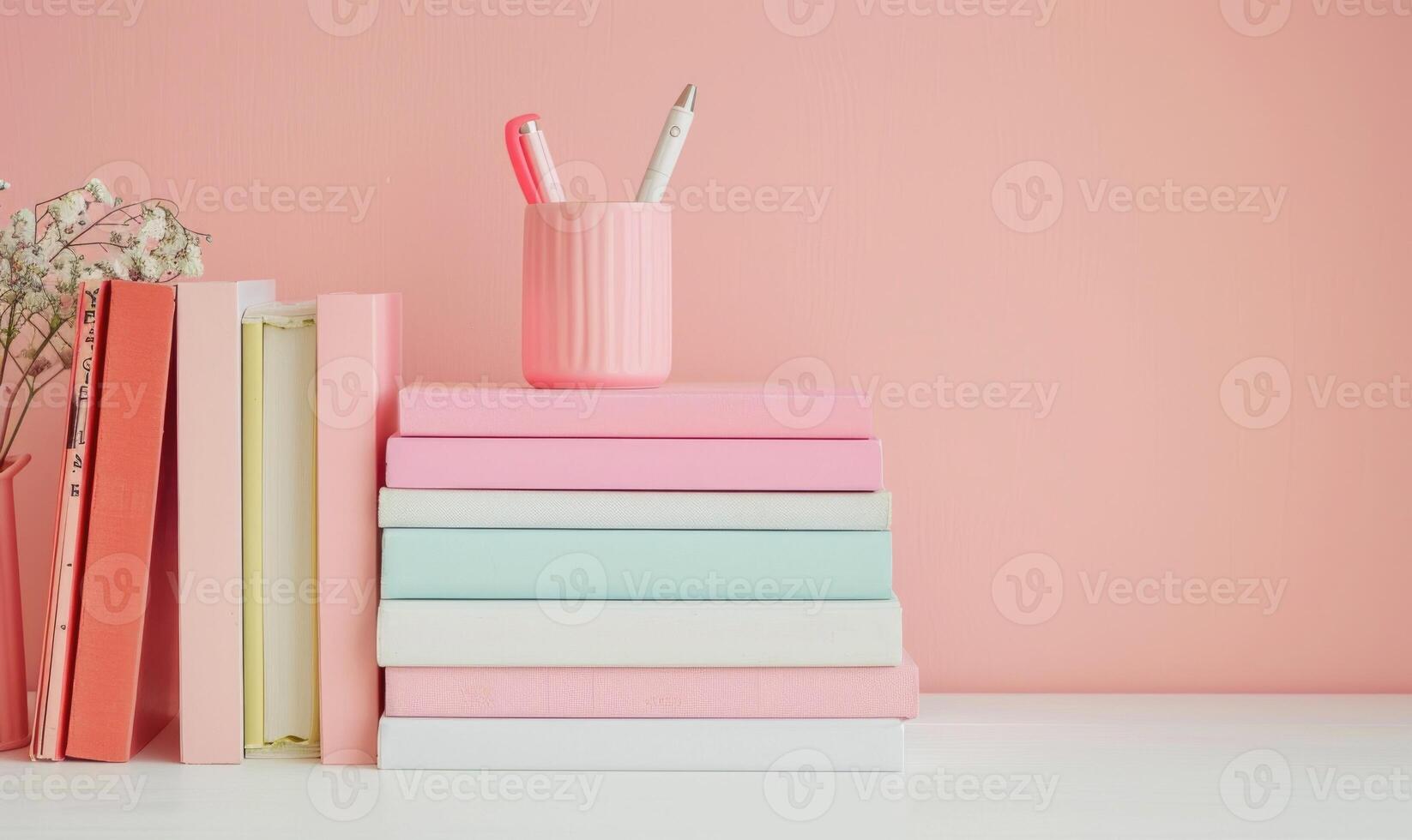 Stack of books on a white desk with a pastel pink background photo