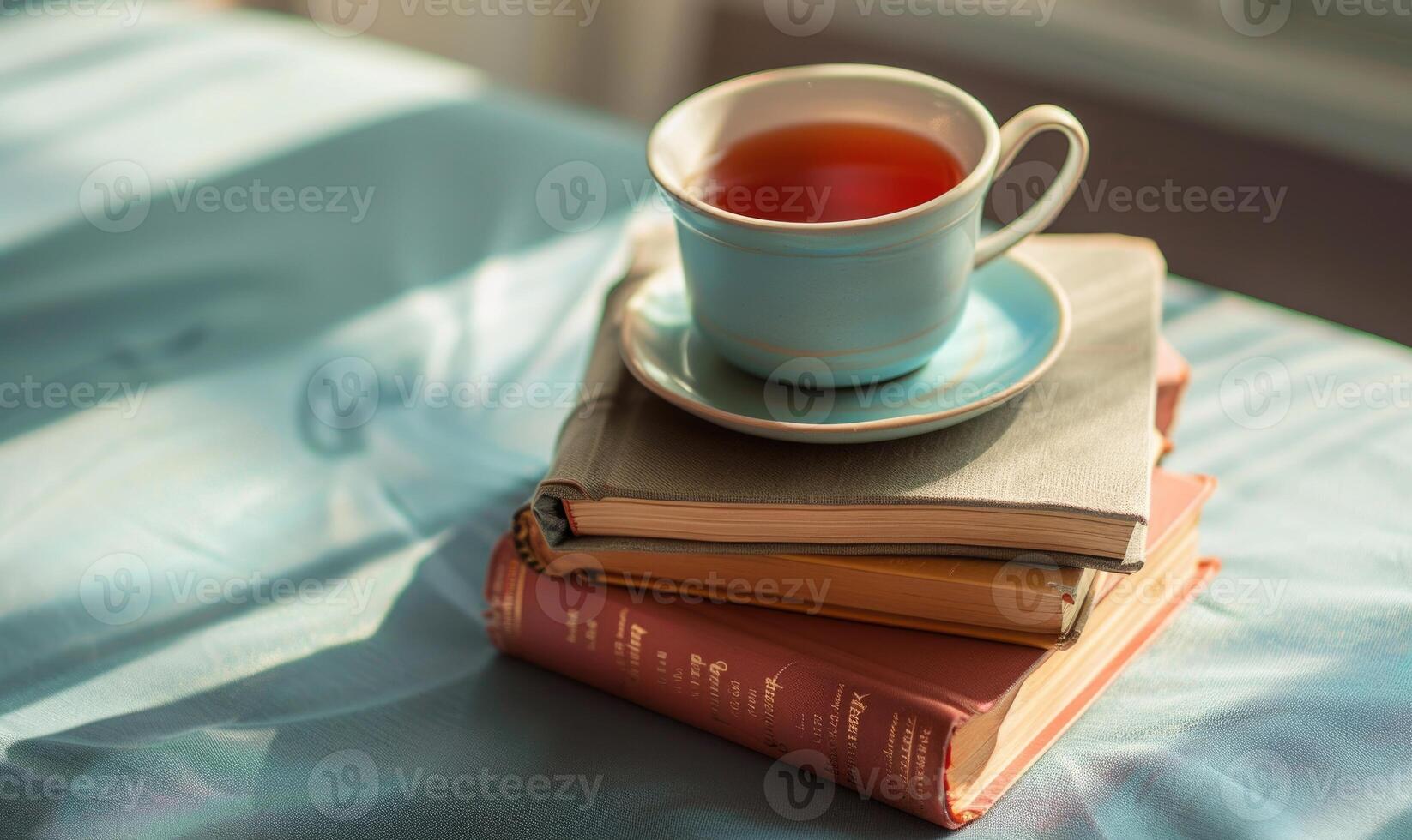 Stack of books on a light gray table with a cup of tea next to it photo