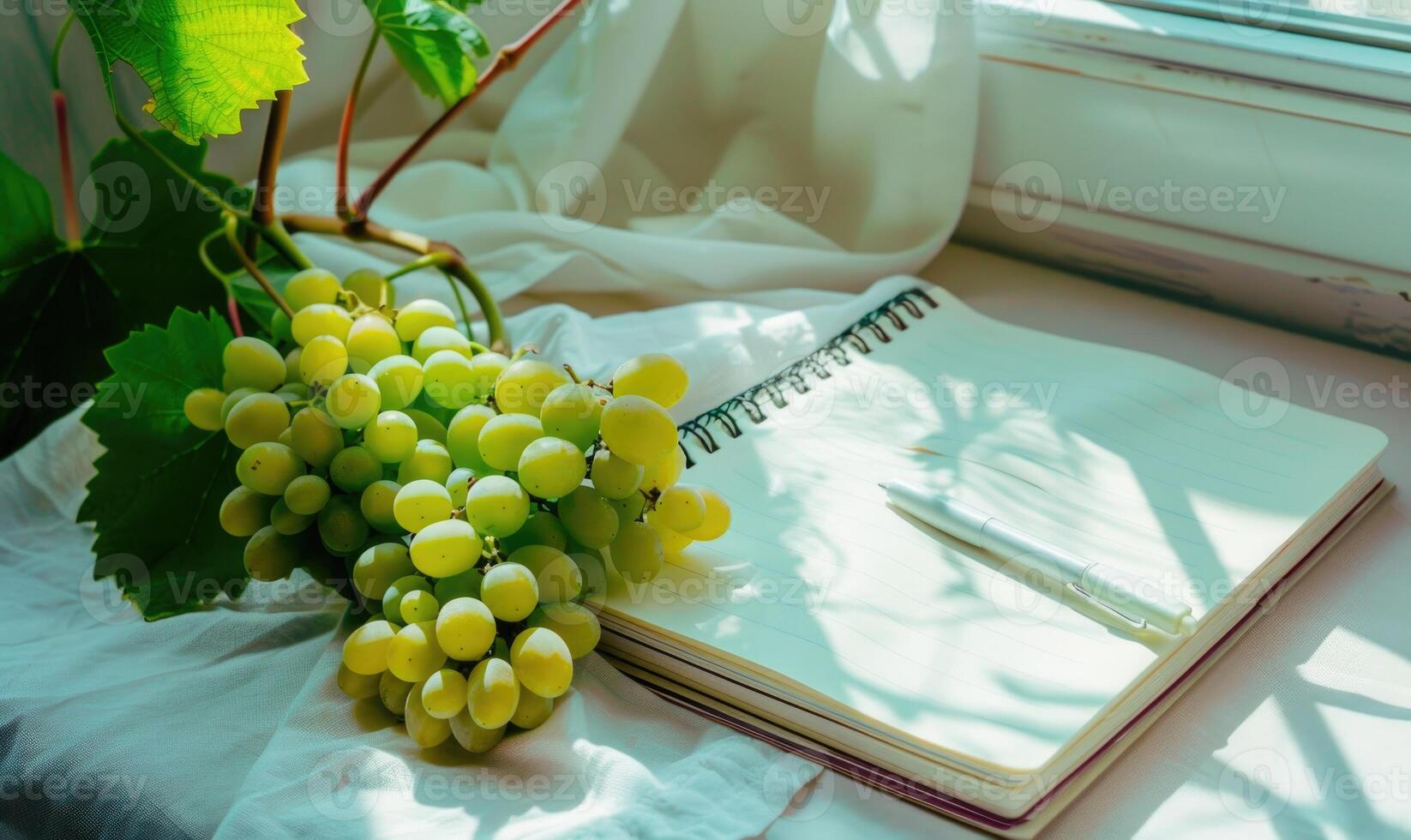 Closed notebook on a white table with a bunch of grapes photo