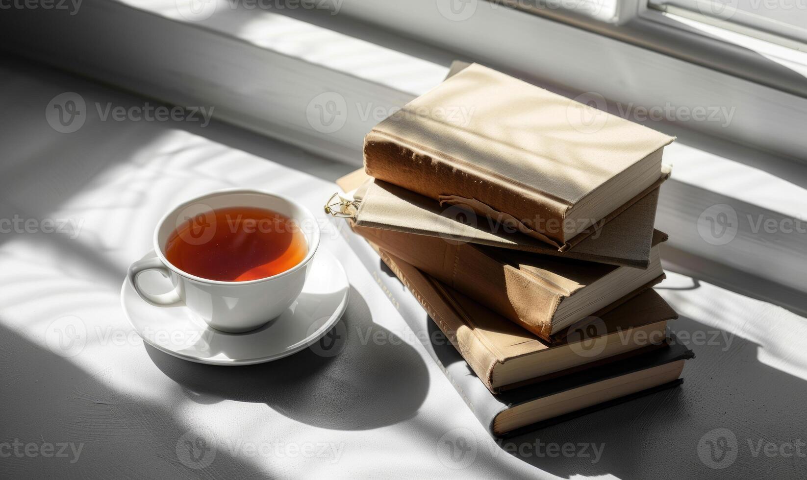 Stack of books on a light gray table with a cup of tea beside it photo