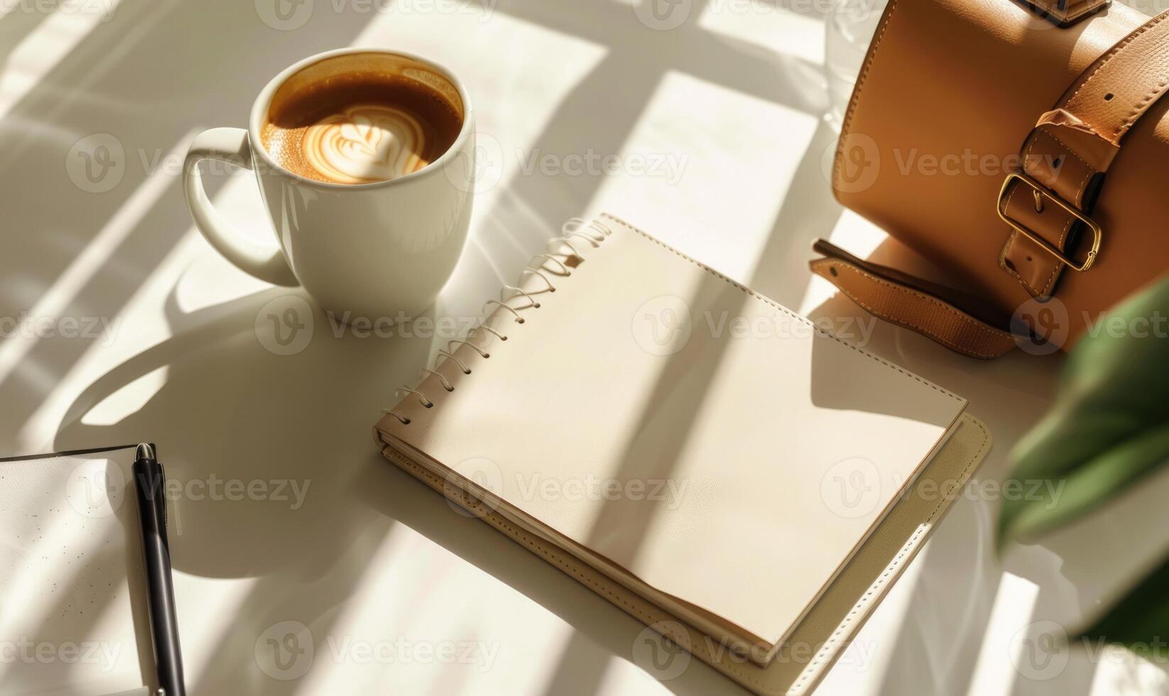 Closed notebook on a white table with a cup of coffee and a handbag photo