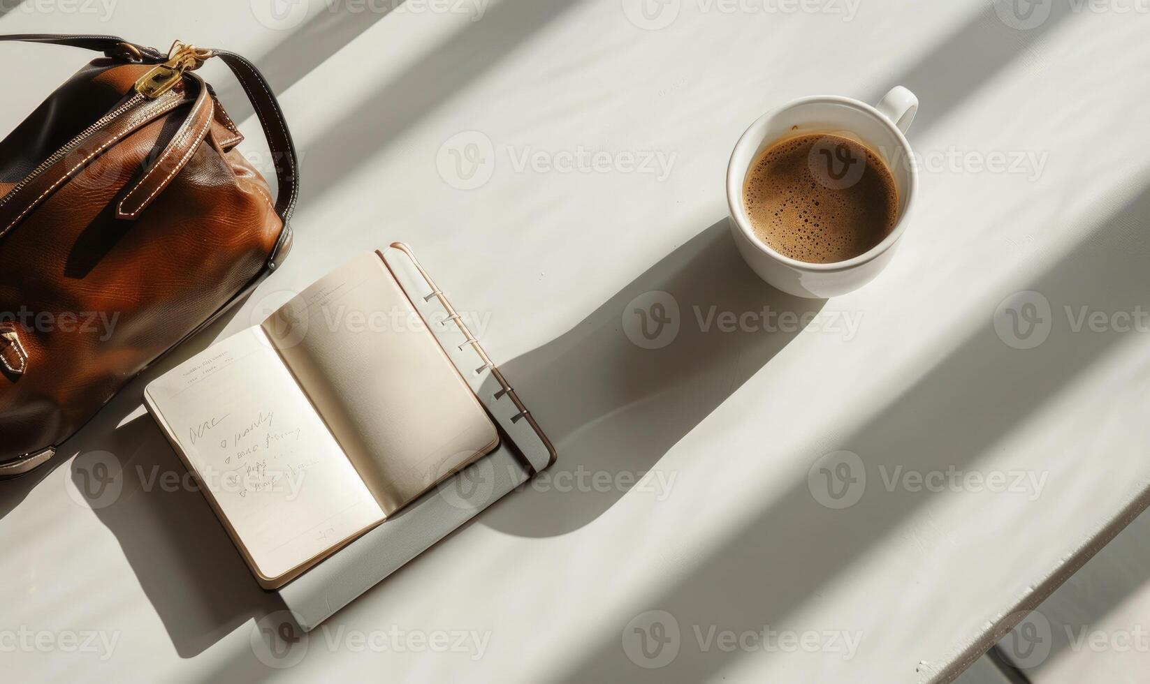 Closed notebook on a white table with a cup of coffee and a handbag photo