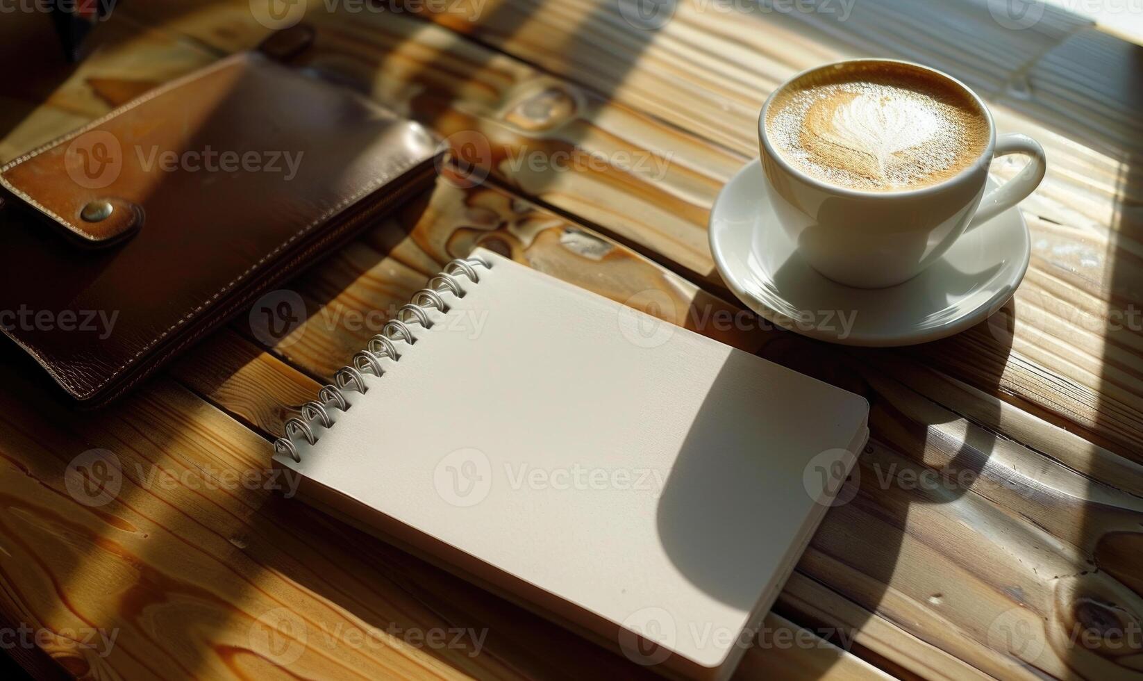 Notebook on a wooden table with a cup of tea and a handbag photo