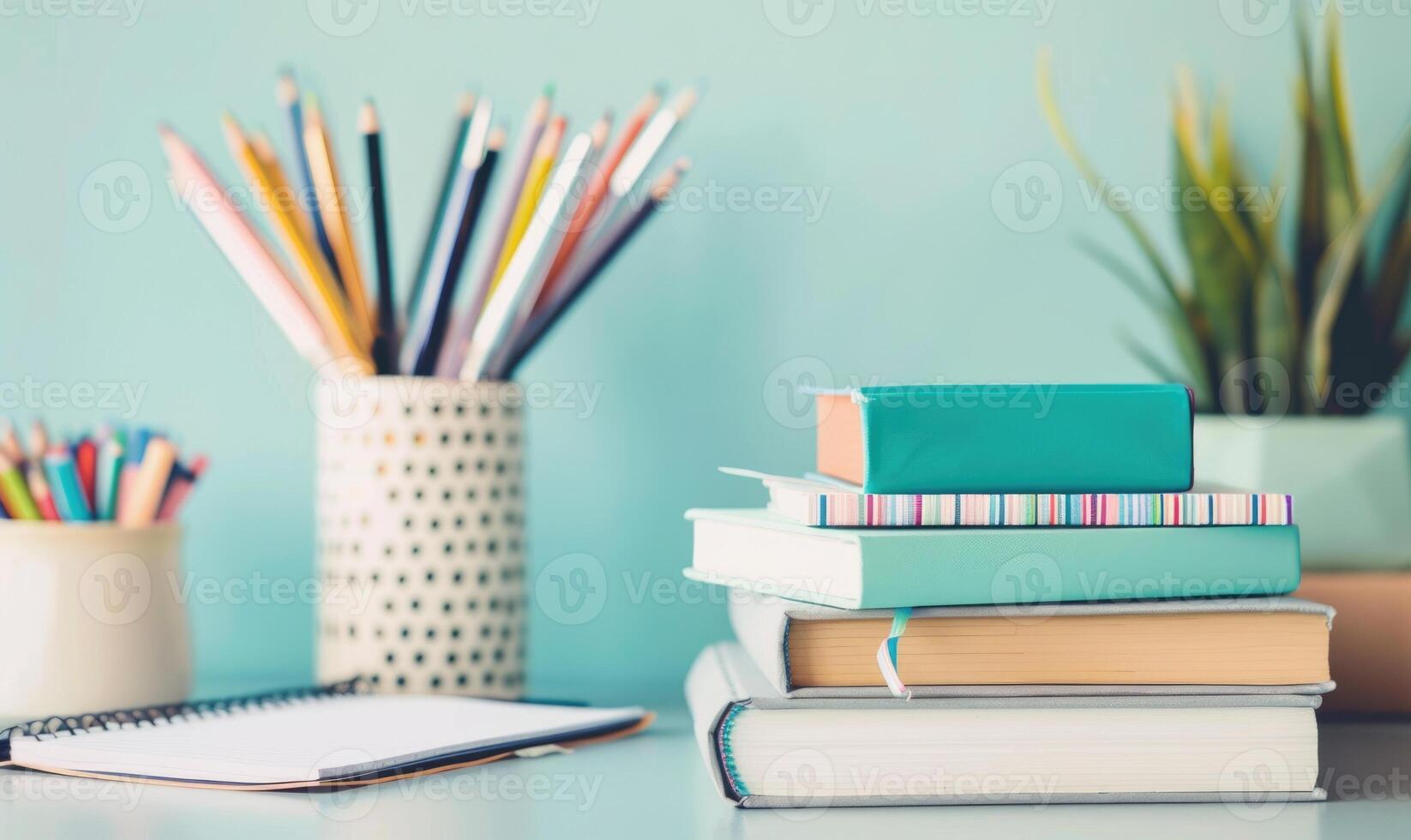 Stack of books on a light gray desk with a pastel cream background, with a notebook and colored pens photo