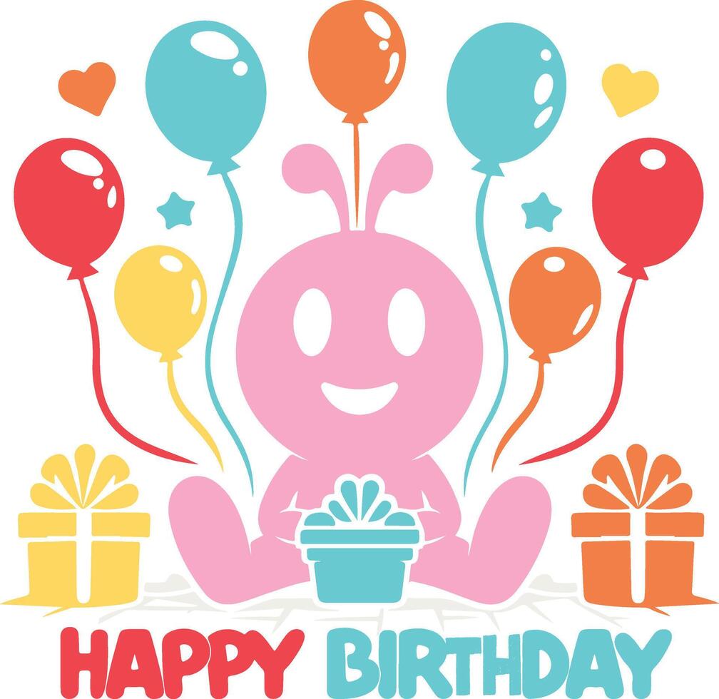Happy Birthday Cheerful Cartoon Monster with Balloons and Gift Boxes vector