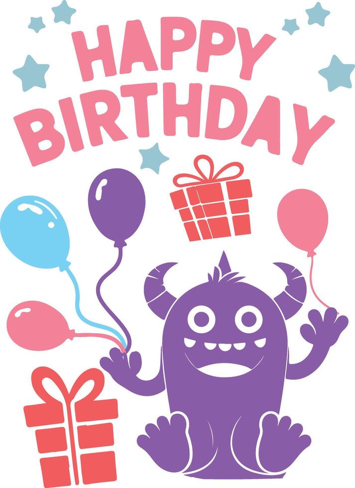 Happy Birthday Cheerful Cartoon Monster with Balloons and Gift Boxes vector