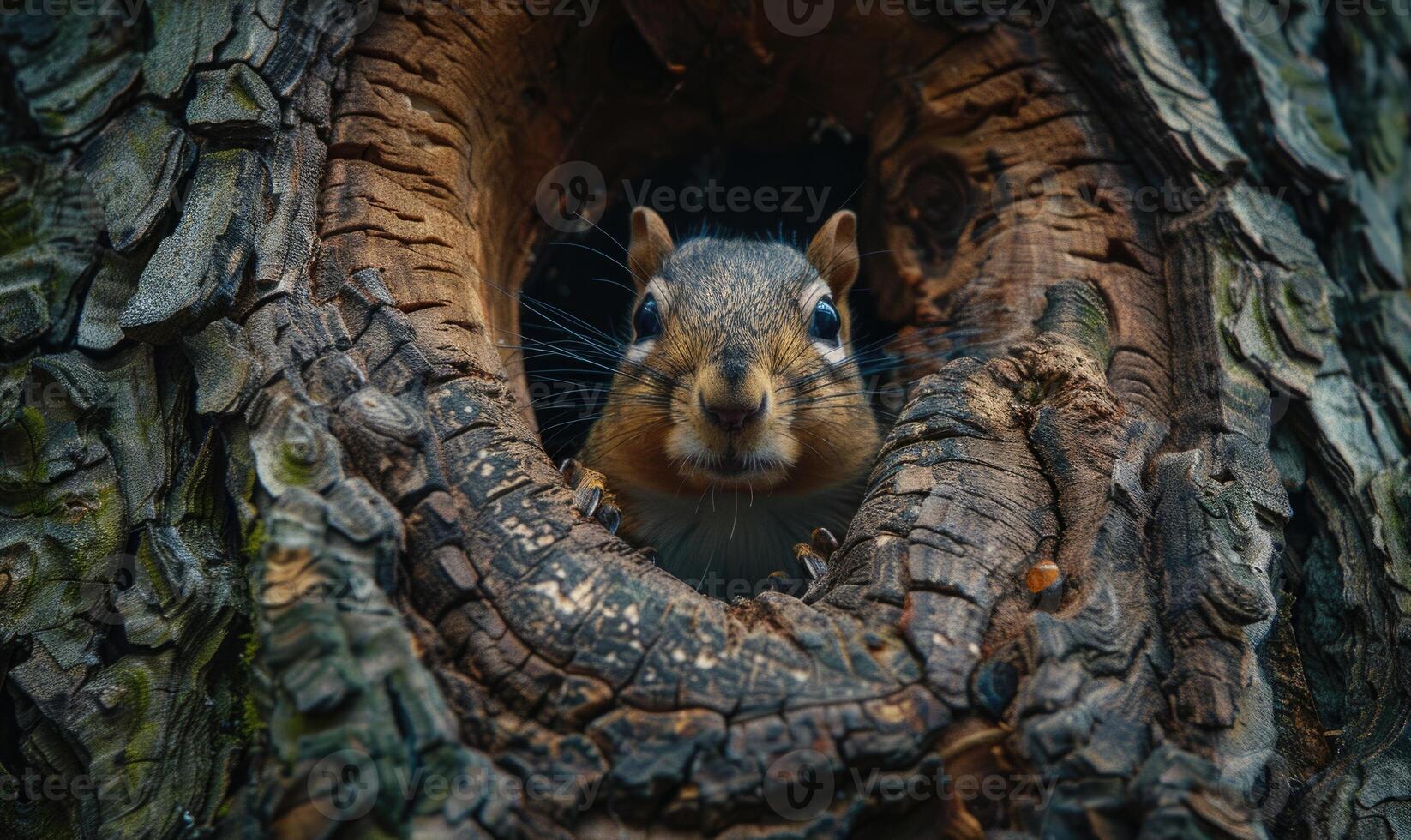Top view of a squirrel peeking out from a tree hollow photo
