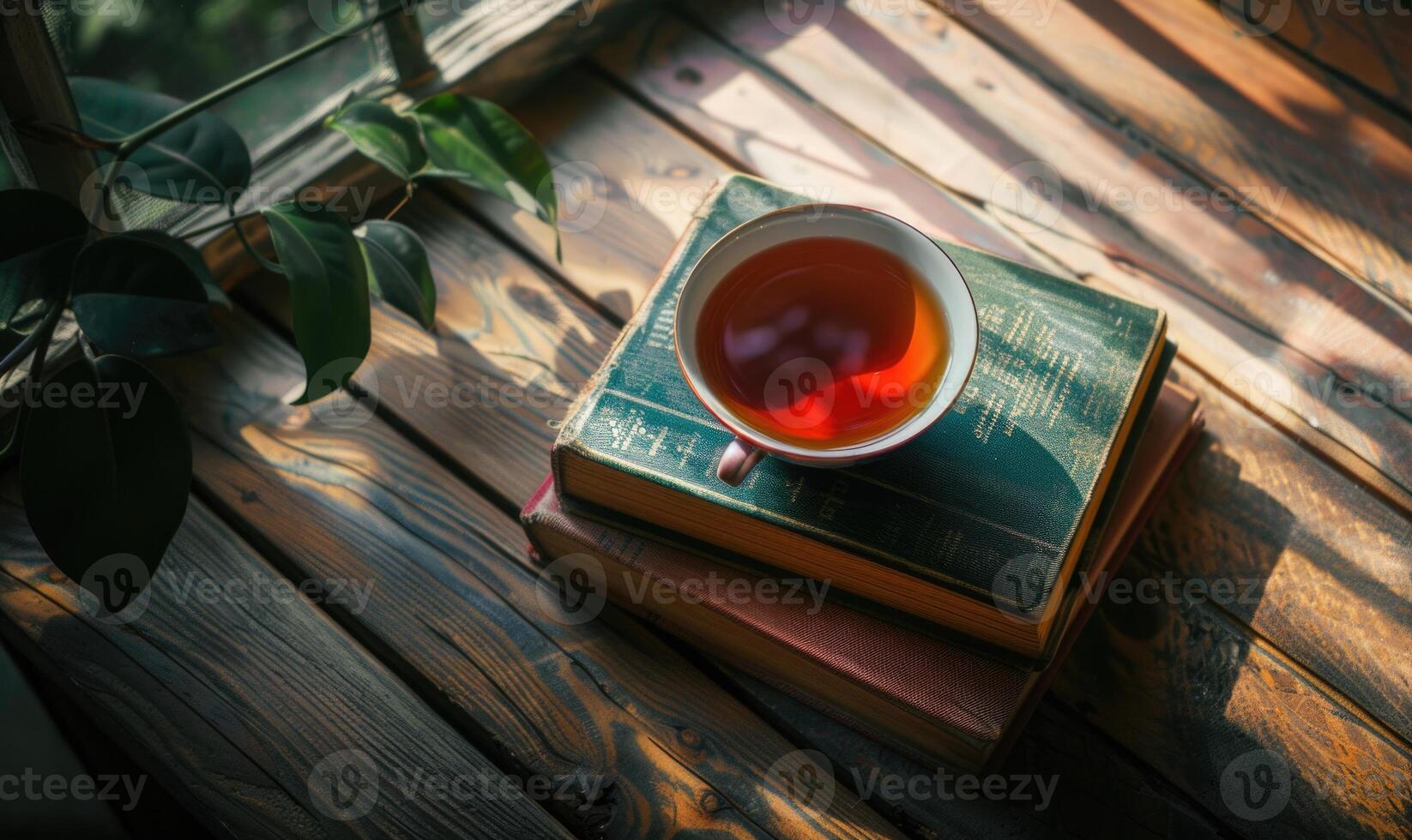 Stack of books on a wooden table with a cup of tea next to it, shadow from window, top view photo