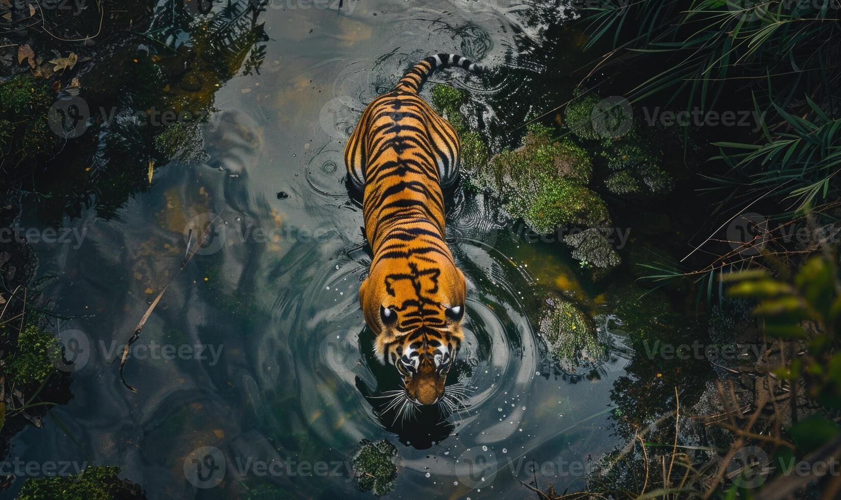 Top view of a tiger standing on a riverbank photo