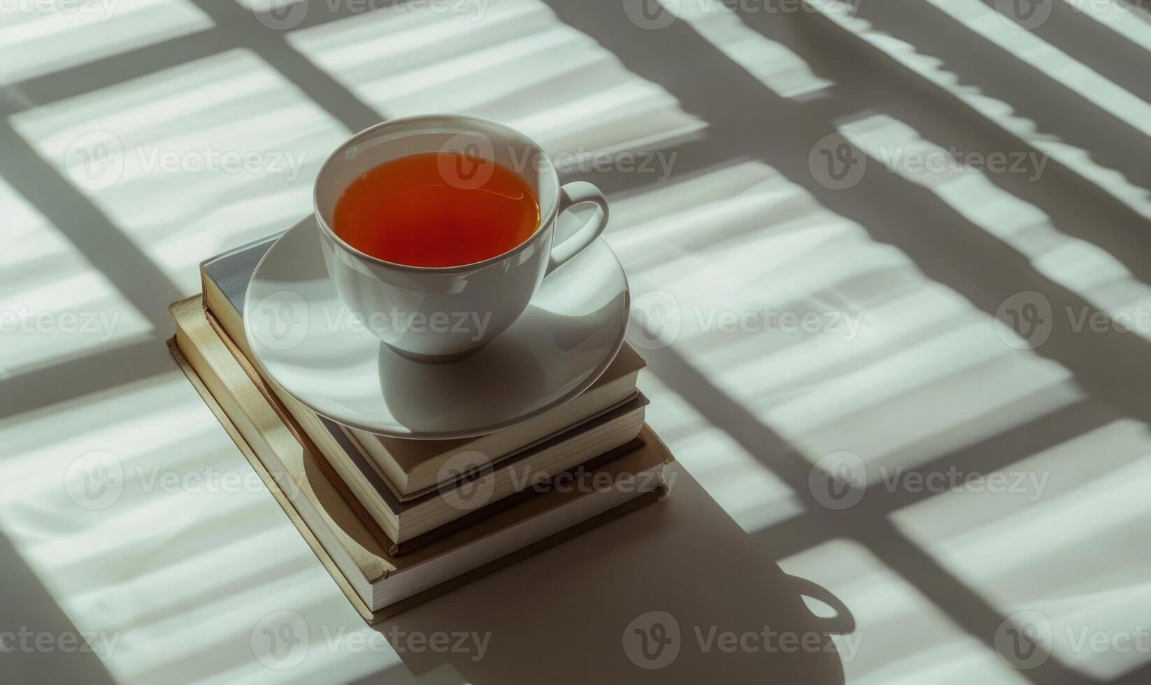 Stack of books on a light gray table with a cup of tea beside it photo