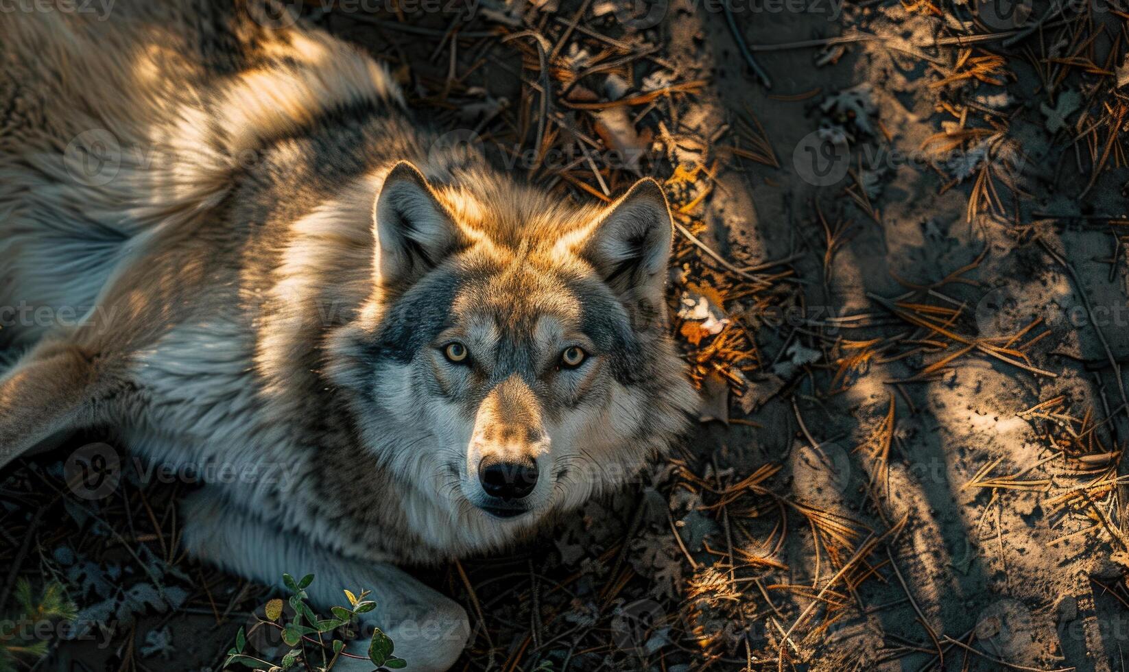 Top view of a wolf lying in the shade photo