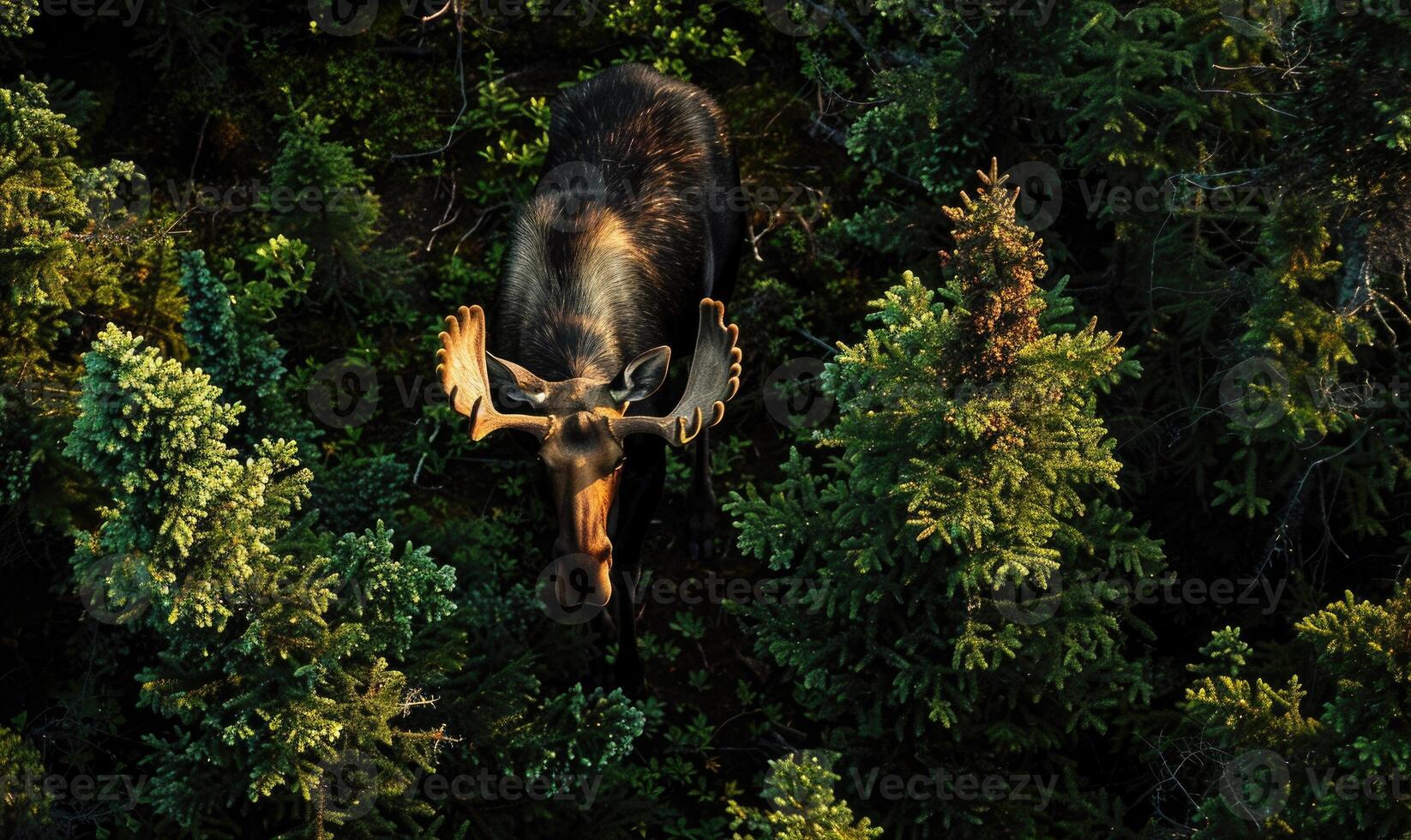 Top view of a moose walking through a dense forest photo