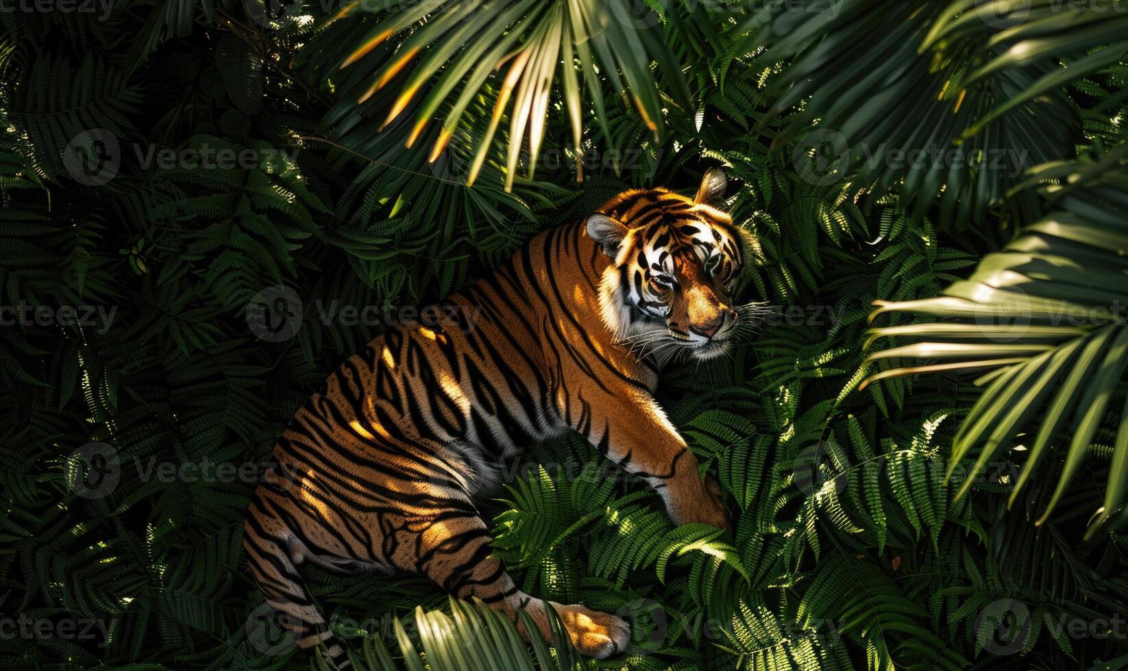 Top view of a tiger lying in the shade photo