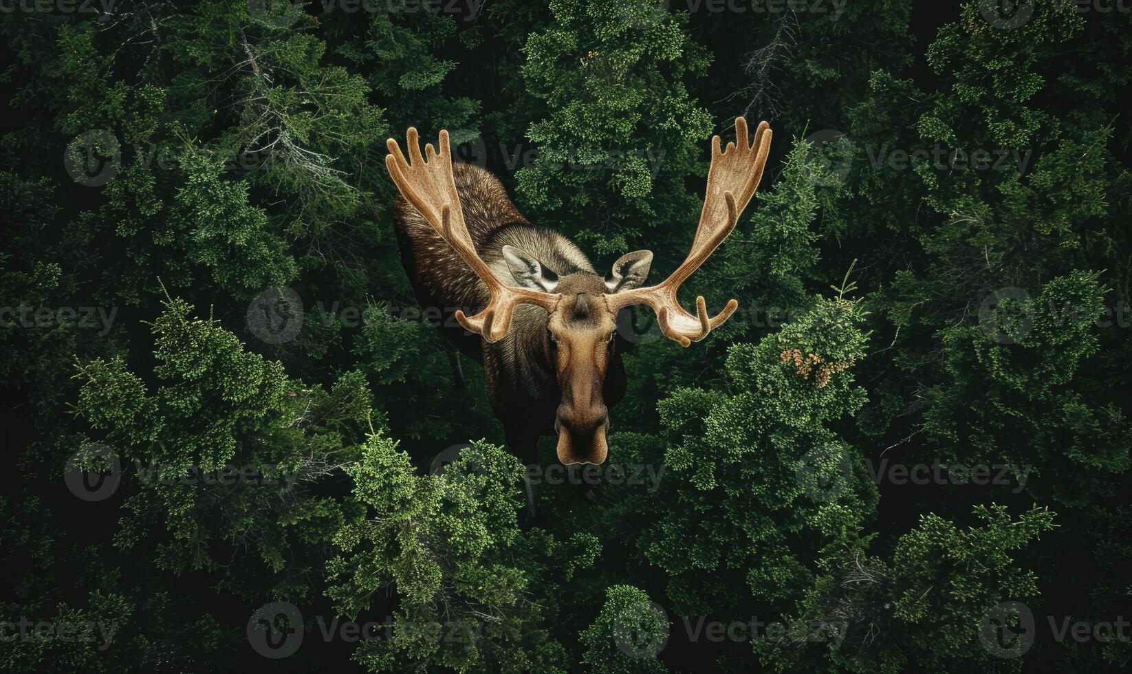Top view of a moose standing at the edge of a forest clearing photo