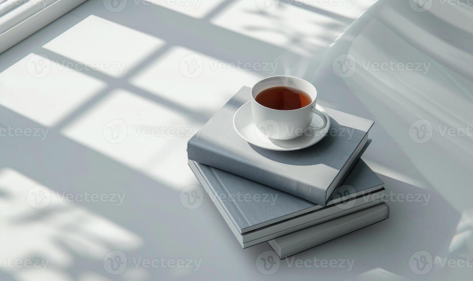 Stack of books on a light gray table with a cup of tea beside it photo