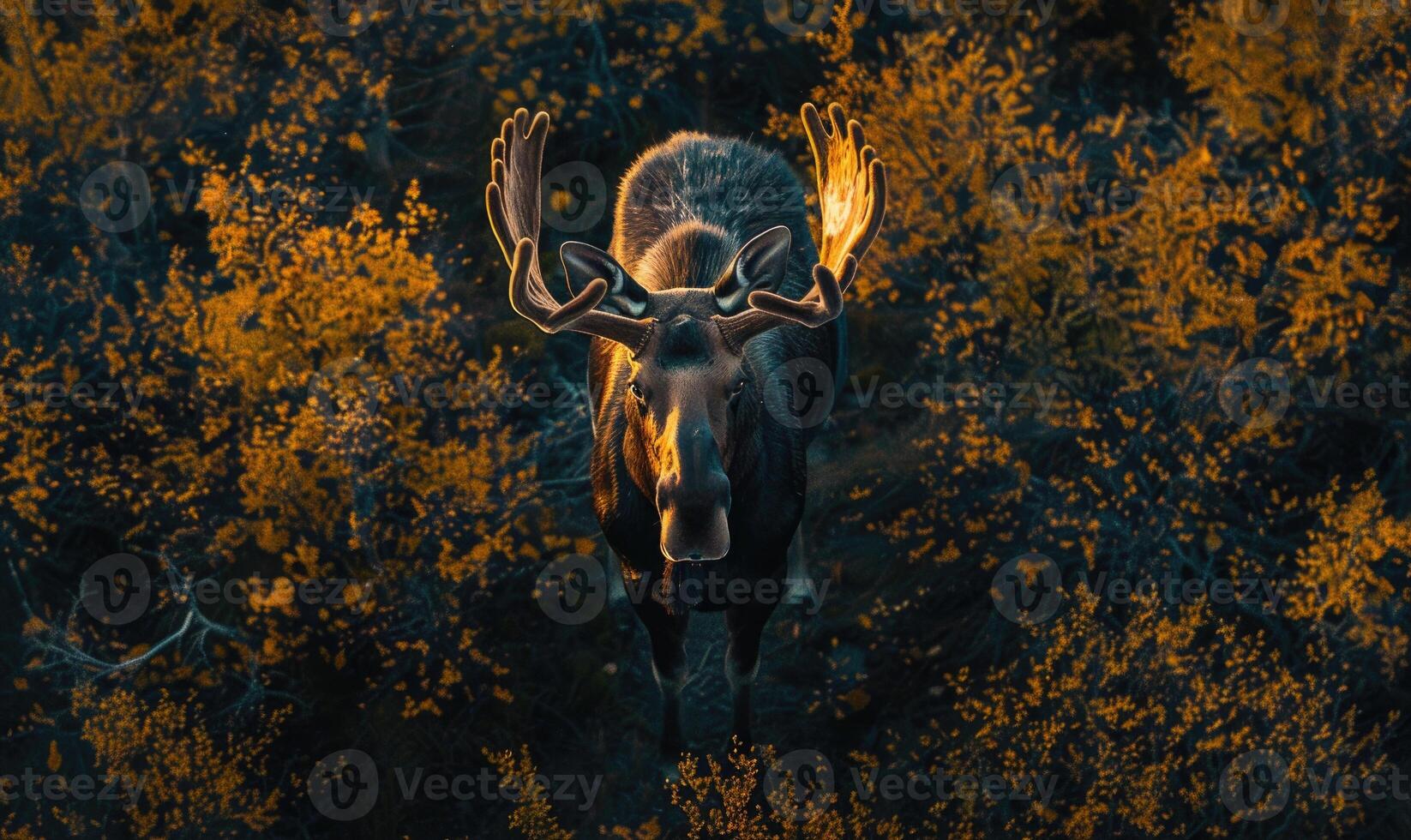 Top view of a moose standing at the edge of a forest clearing photo
