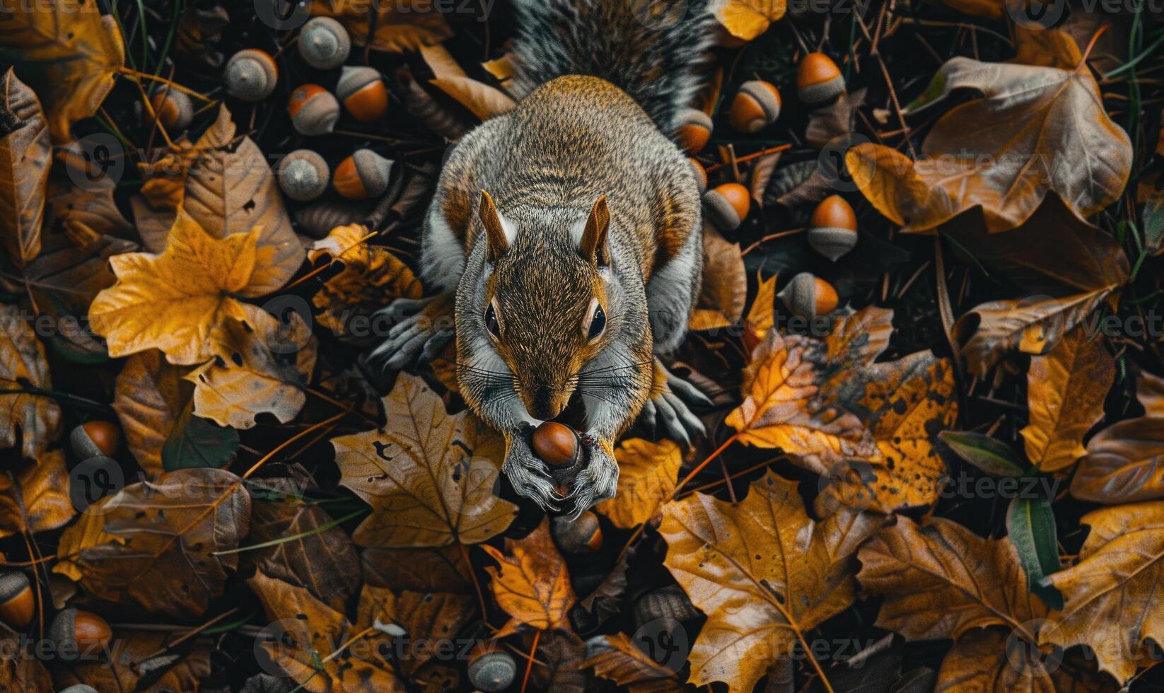Top view of a squirrel gathering acorns on the forest floor, autumn leaves photo