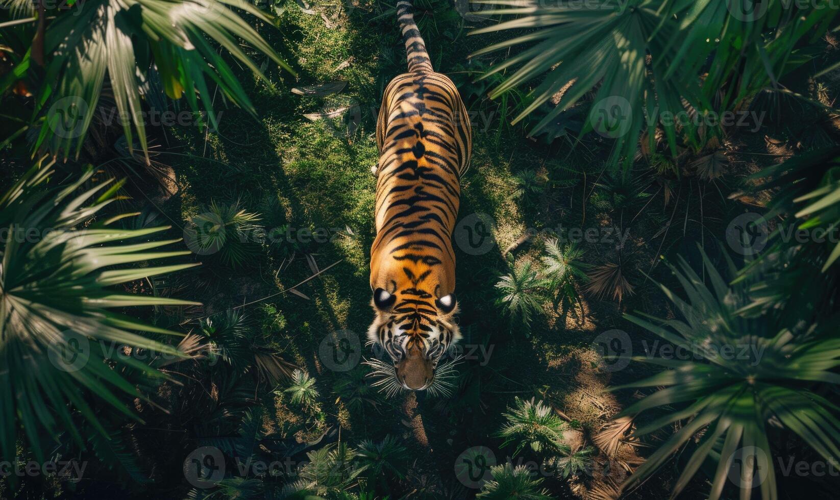 Top view of a tiger walking through the jungle photo