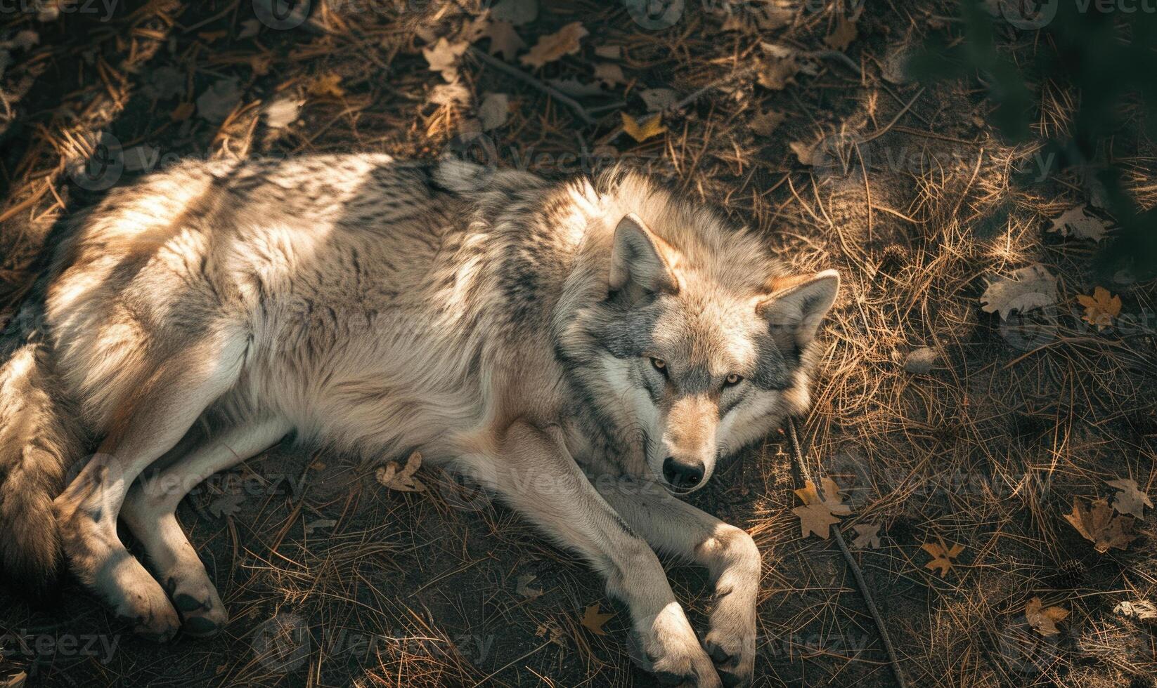 Top view of a wolf lying in the shade photo