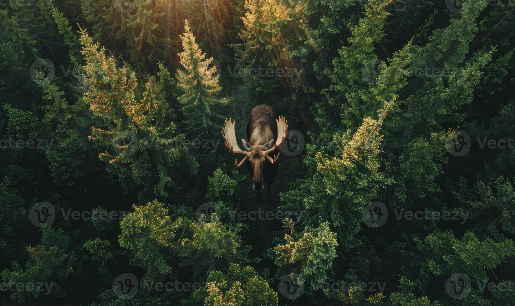 Top view of a moose walking through a dense forest photo