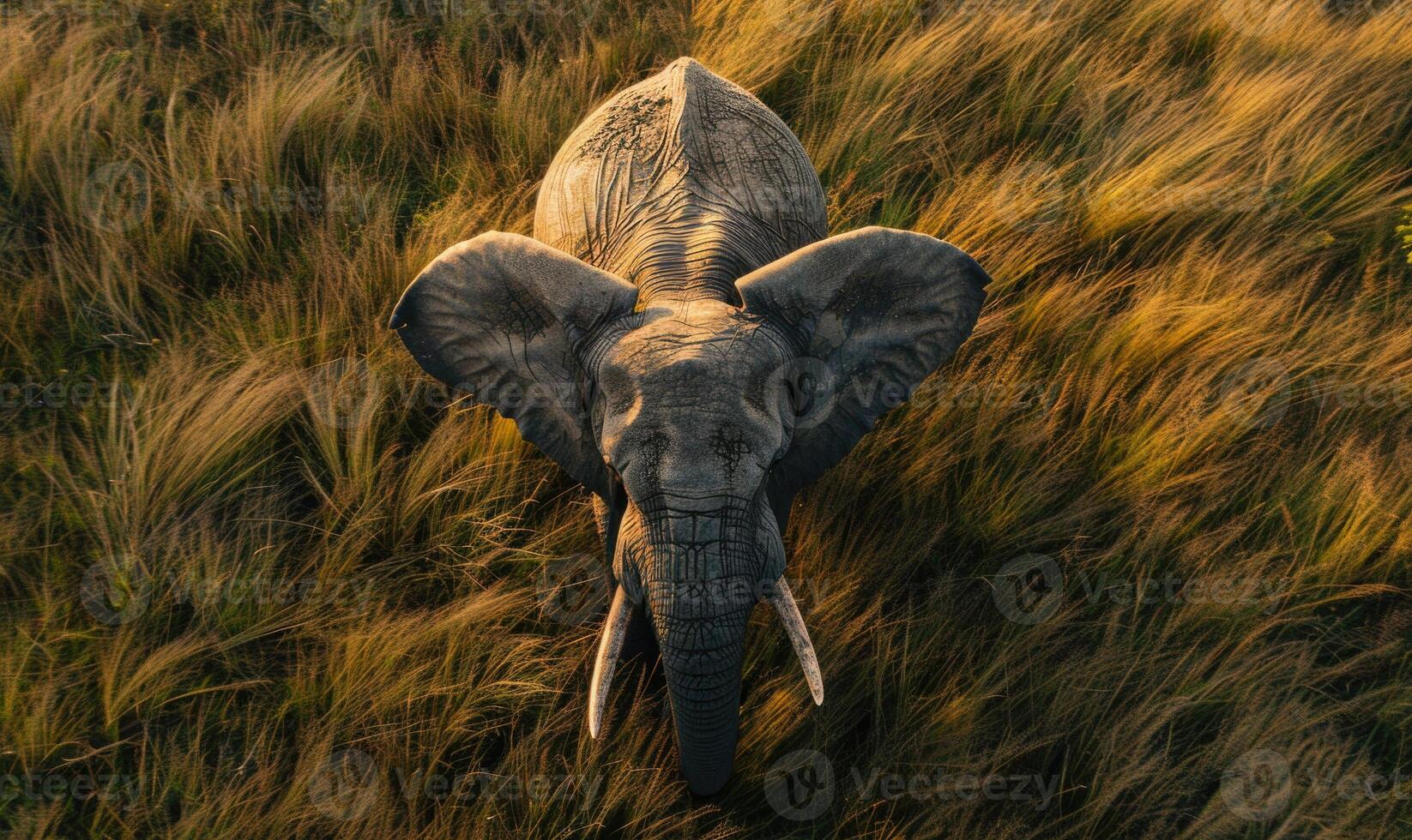 Top view of an elephant walking through tall grass photo