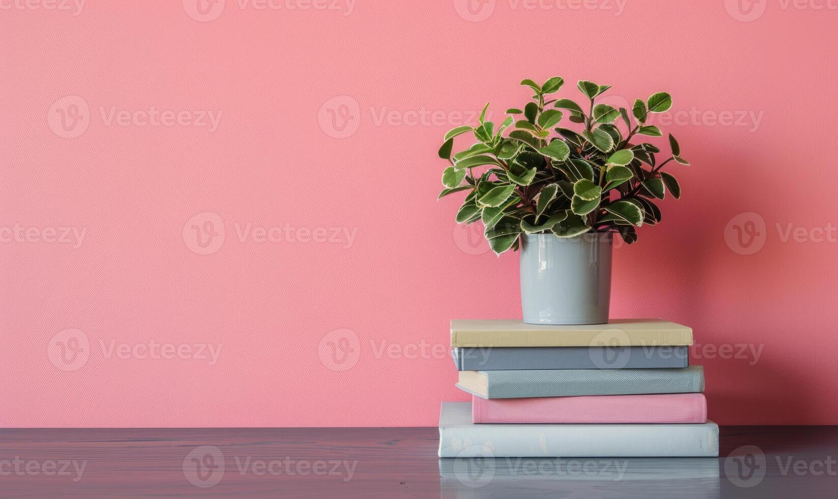 Stack of books on a dark gray table with a pastel rose pink background photo