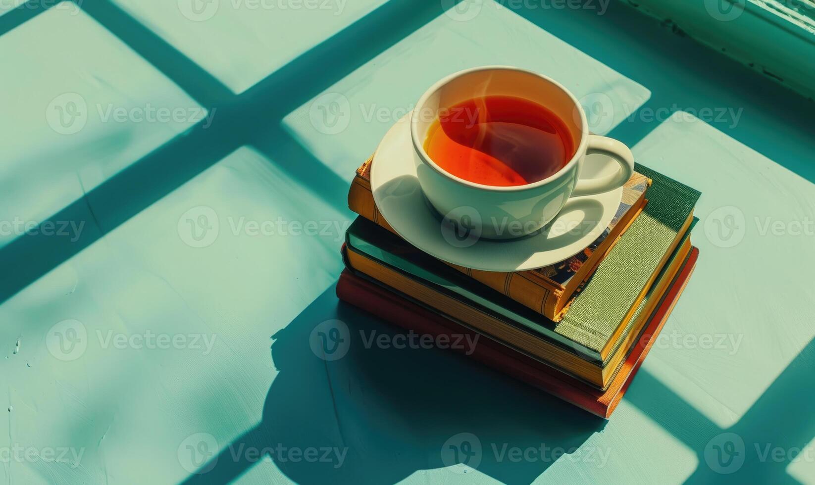 Stack of books on a light blue table with a cup of tea next to it, shadow from window, top view photo