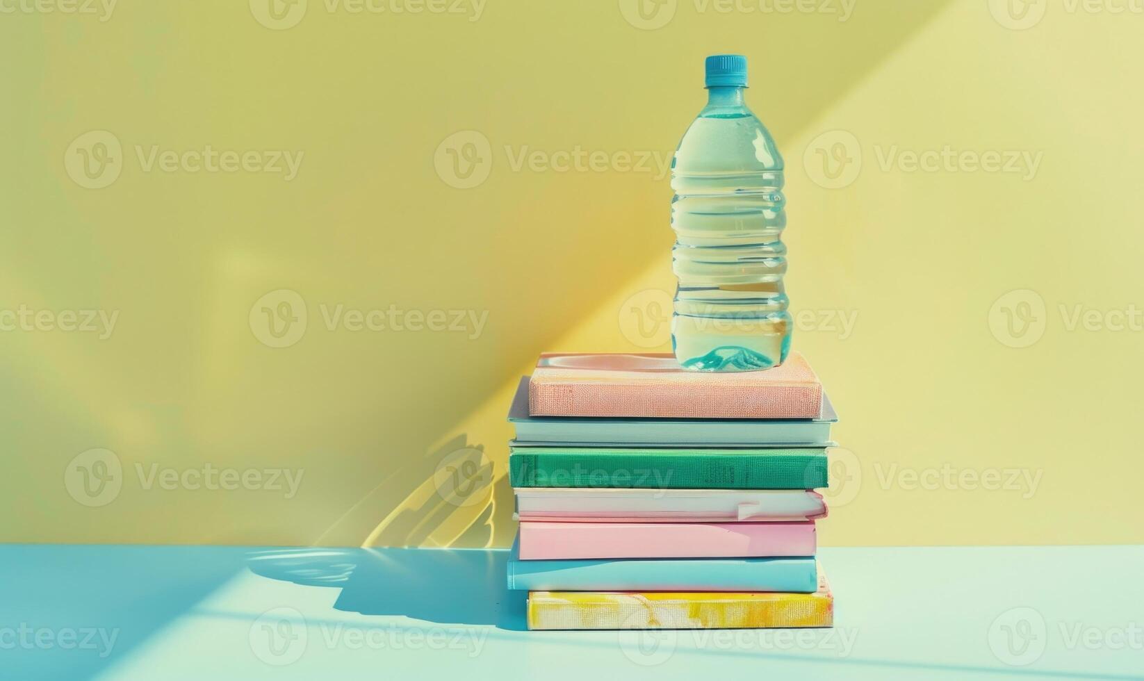 Stack of books on a light gray table with a pastel yellow background photo