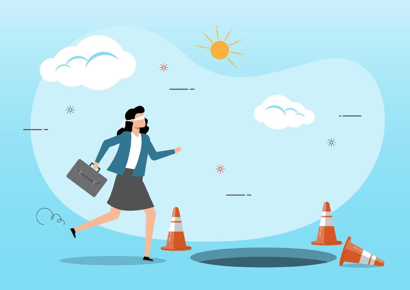 Blindfolded businesswoman running to find money with pit hole vector