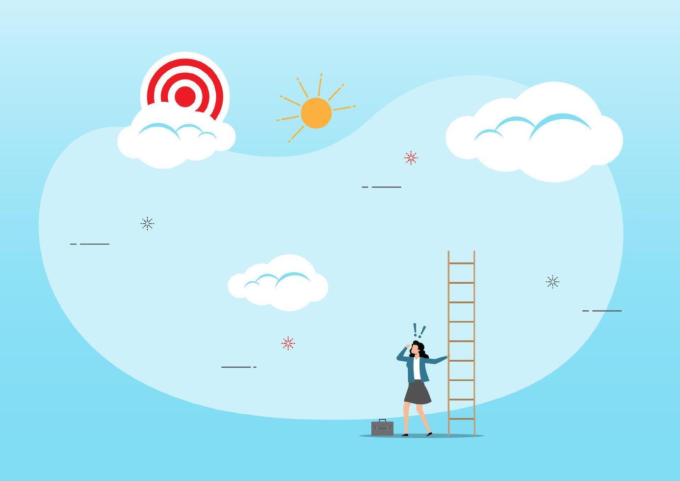 Businesswoman with too short ladder cannot reach target vector