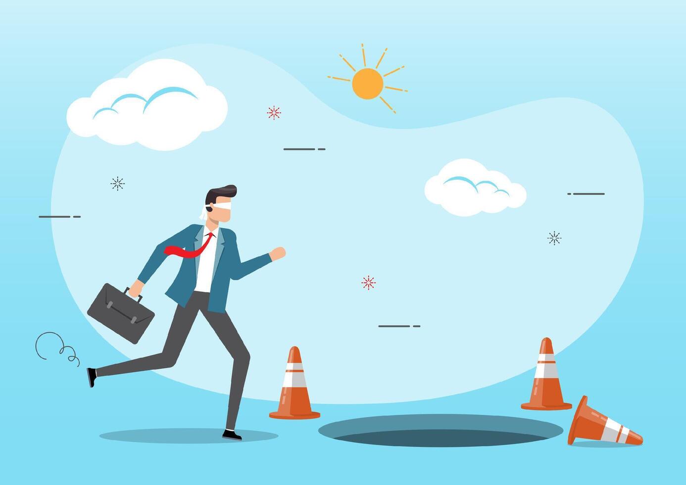 Blindfolded businessman running to find money with pit hole vector